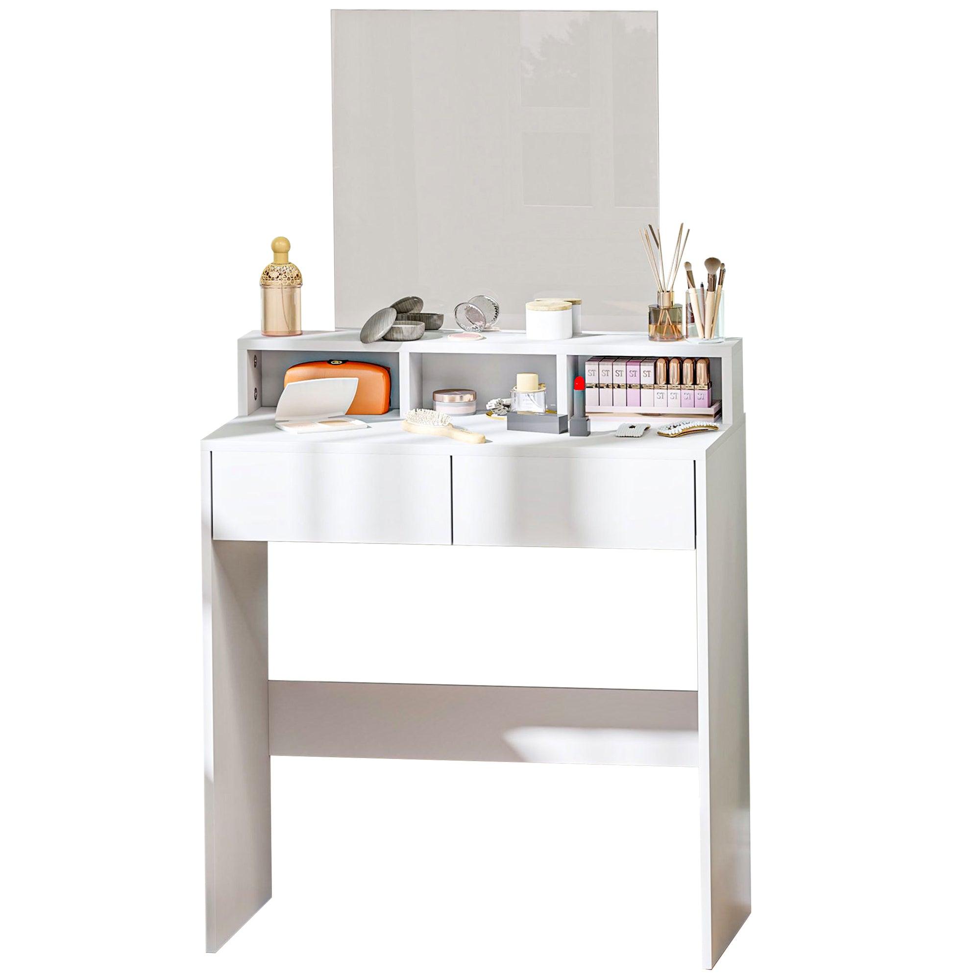 Coiffeuse avec miroir, table de maquillage avec 2 tiroirs et 3 compartiments, style moderne, pour chambre à coucher, 75 x 38 x 135 cm, blanc
