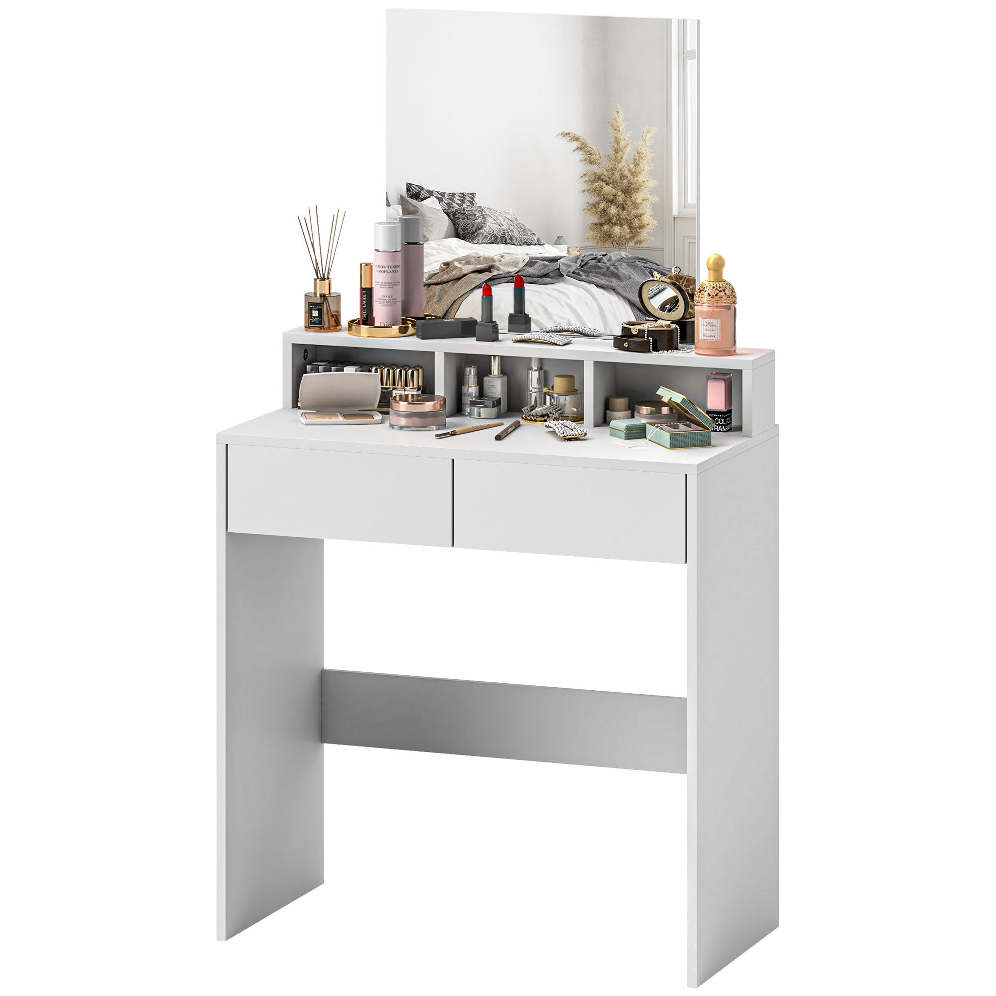 Coiffeuse avec miroir, table de maquillage avec 2 tiroirs et 3 compartiments, style moderne, pour chambre à coucher, 75 x 38 x 135 cm, blanc