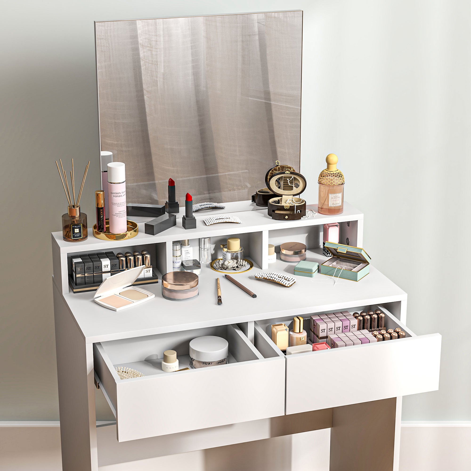 Coiffeuse avec miroir, table de maquillage avec 2 tiroirs et 3 compartiments, style moderne, pour chambre à coucher, 75 x 38 x 135 cm, blanc