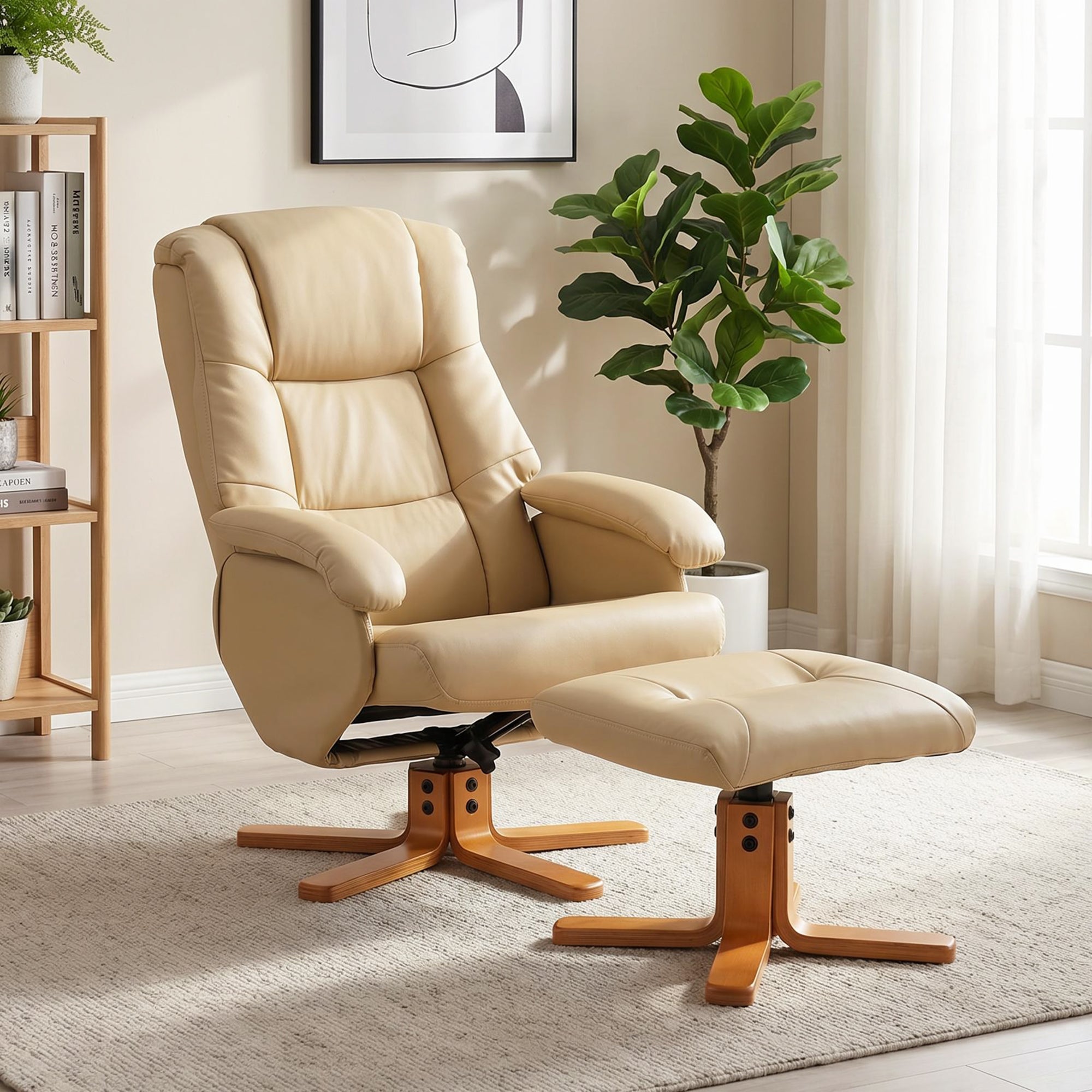 Fauteuil relax avec repose-pied fauteuil de relaxation chaise relaxant pivotant 360° et dossier inclinable chaise TV charge jusqu'à 120 Kg pour salon, chambre, bureau, beige