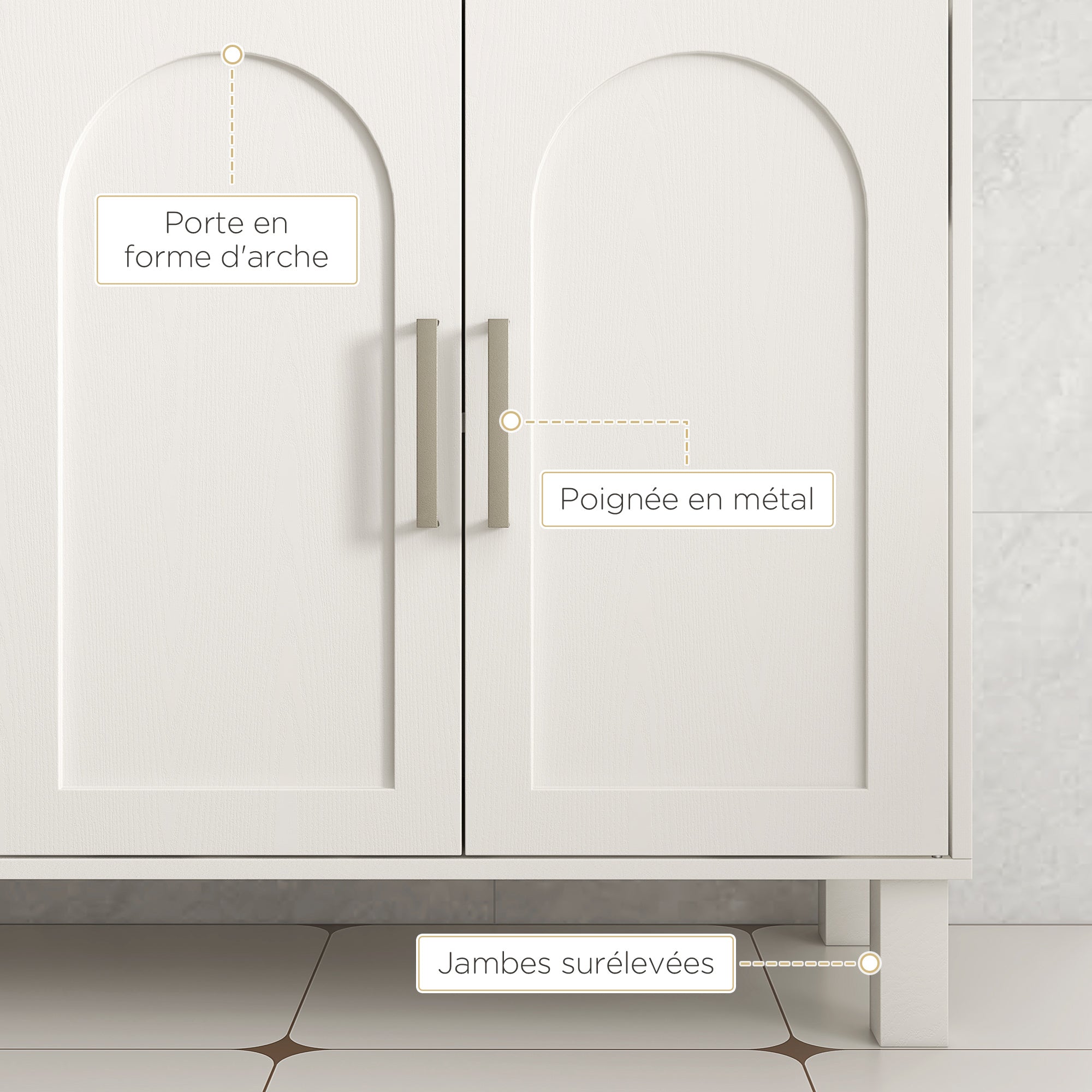 Meuble sous lavabo, meuble de salle de bain, avec placard à deux niveaux, 2 portes, étagères réglables, sur pieds, en bois, 90 x 30 x 63 cm, crème