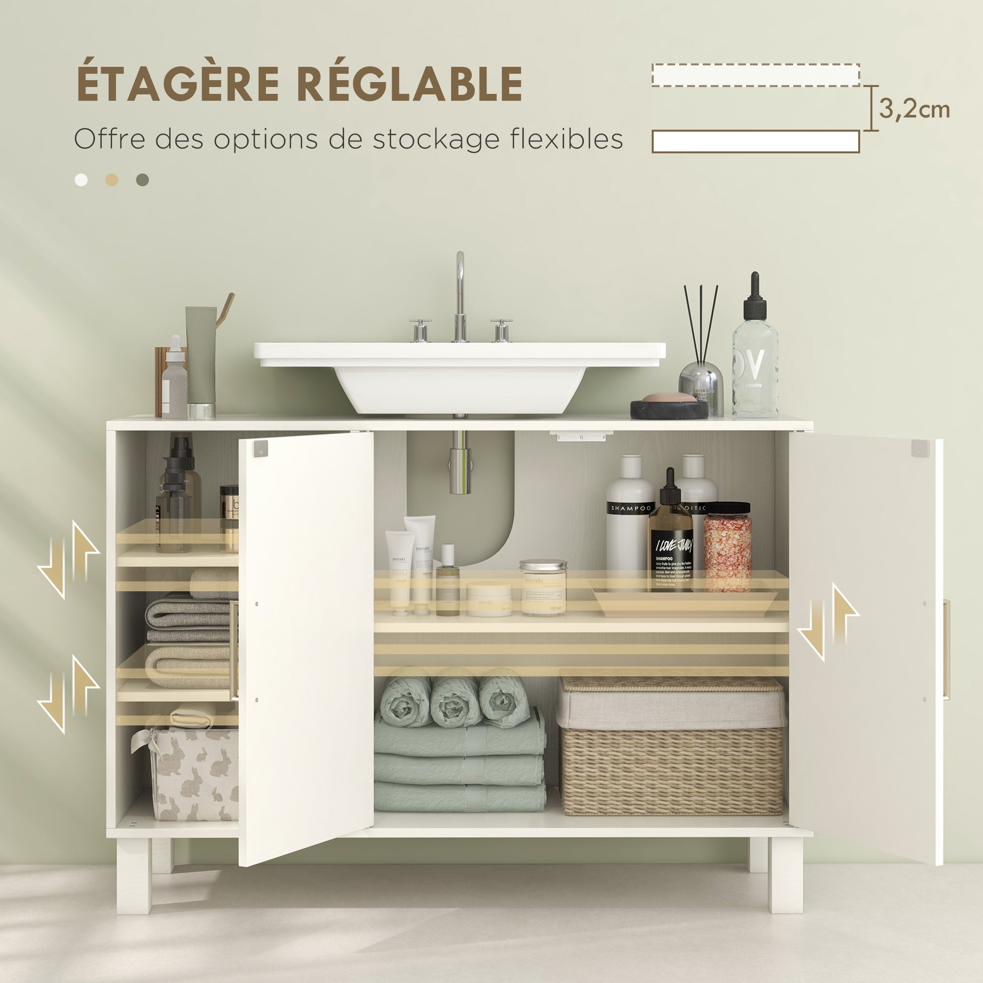 Meuble sous lavabo, meuble de salle de bain, avec placard à deux niveaux, 2 portes, étagères réglables, sur pieds, en bois, 90 x 30 x 63 cm, crème
