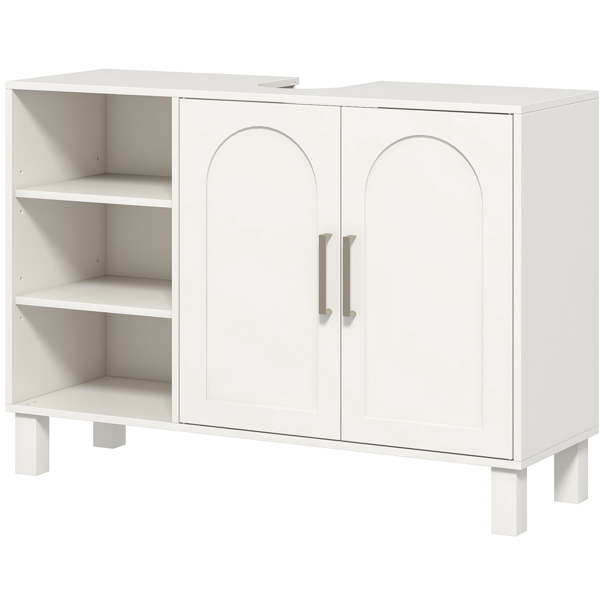 Meuble sous lavabo, meuble de salle de bain, avec placard à deux niveaux, 2 portes, étagères réglables, sur pieds, en bois, 90 x 30 x 63 cm, crème