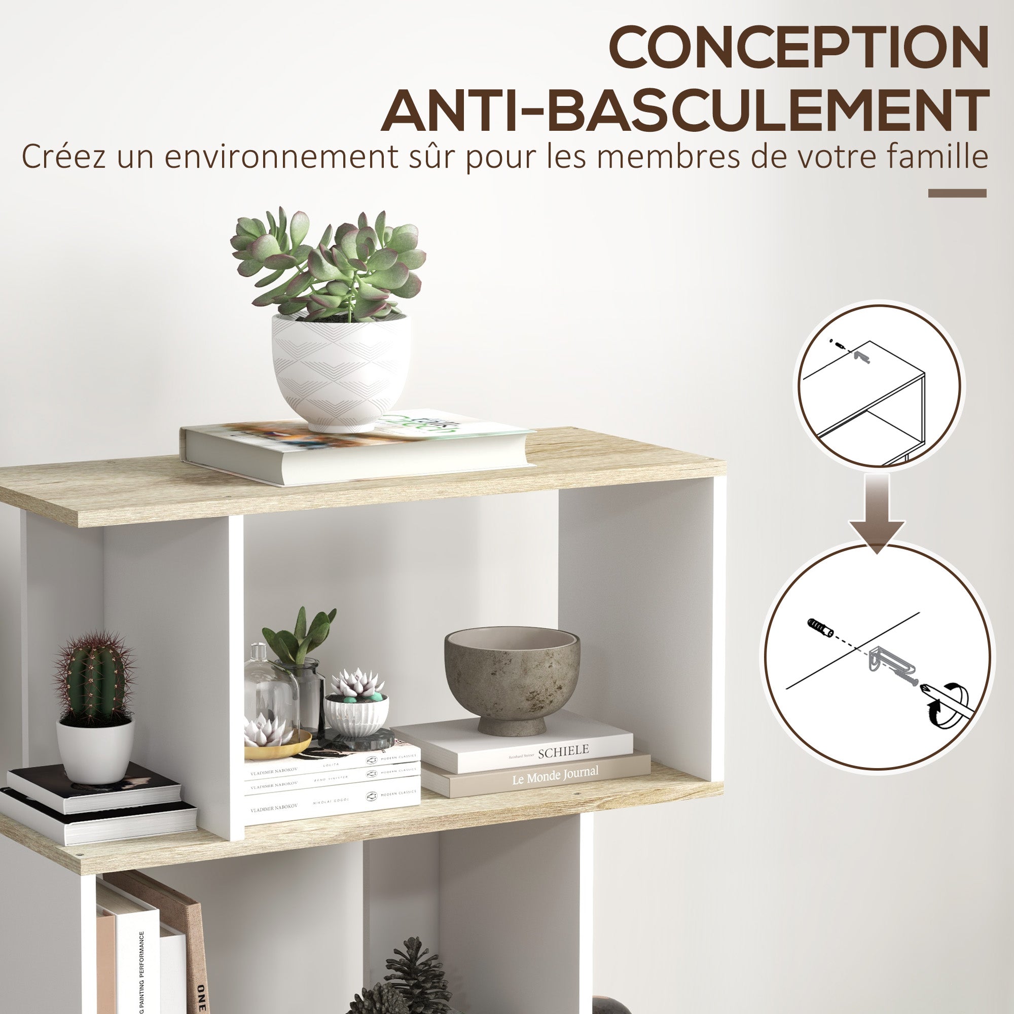 Bibliothèque meuble de rangement style scandinave avec 5 étagères anti-basculement charge 25 kg pour bureau salon chambre 70x29,5x163 cm aspect bois et blanc