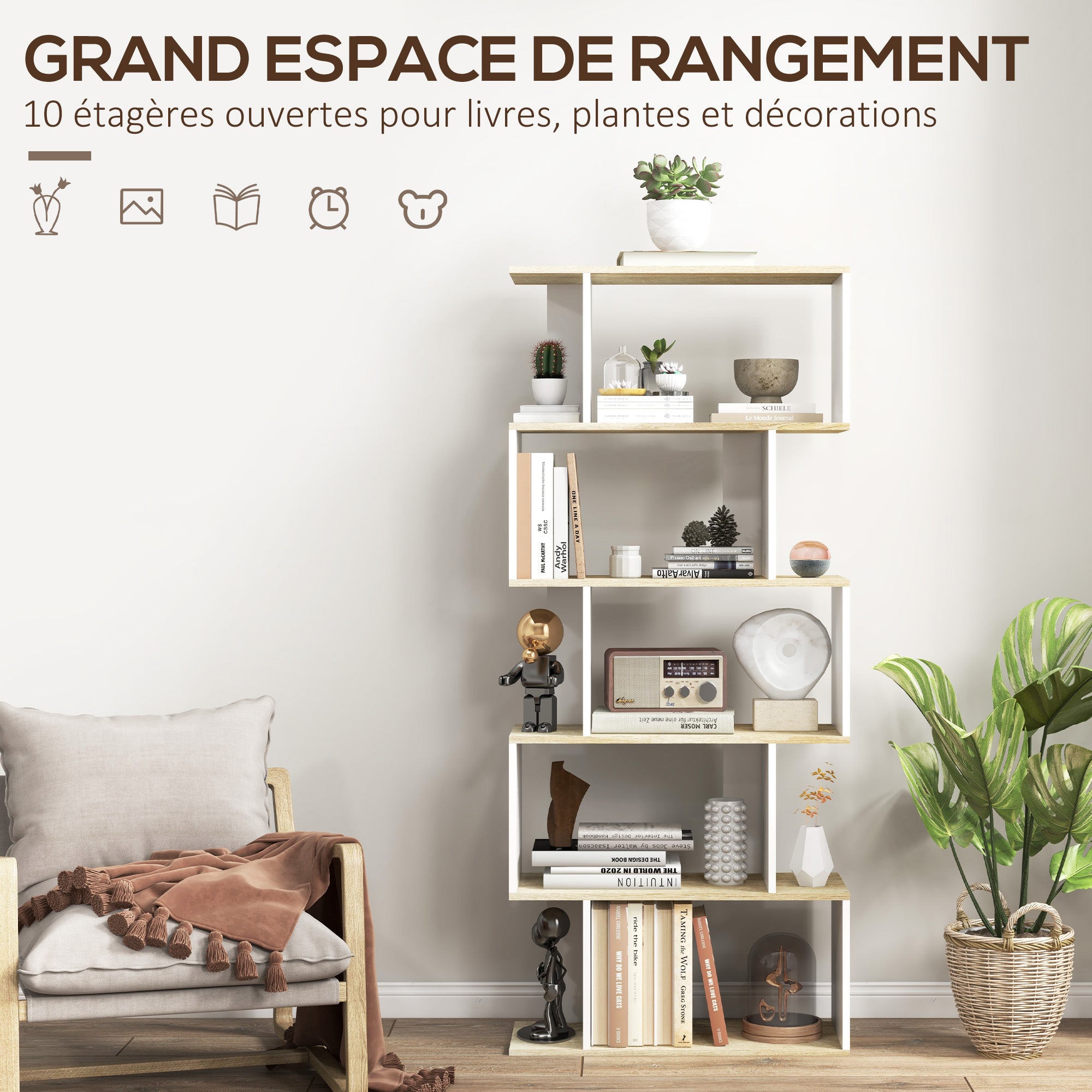 Bibliothèque meuble de rangement style scandinave avec 5 étagères anti-basculement charge 25 kg pour bureau salon chambre 70x29,5x163 cm aspect bois et blanc