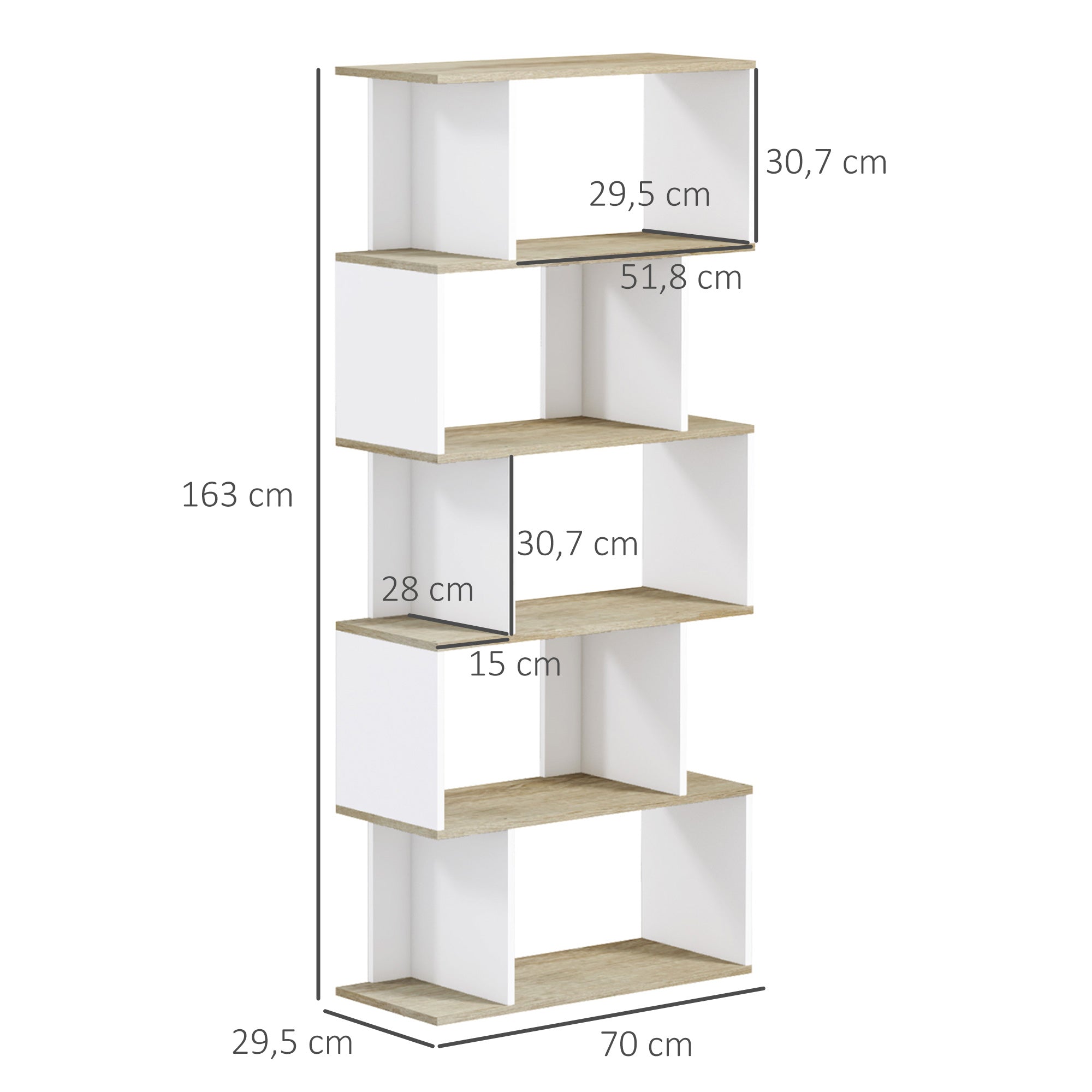 Bibliothèque meuble de rangement style scandinave avec 5 étagères anti-basculement charge 25 kg pour bureau salon chambre 70x29,5x163 cm aspect bois et blanc