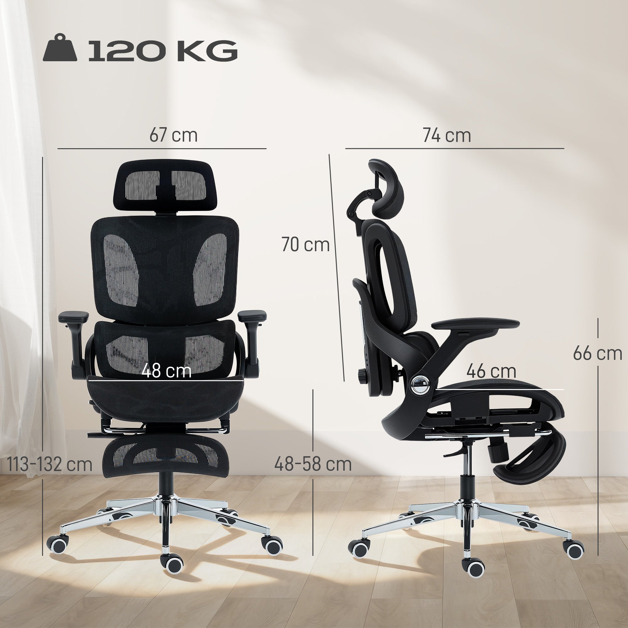 Chaise Bureau Ergonomique avec Accoudoirs 4D Appui-Tête et Profondeur d'Assise Réglables Fauteuil de Bureau en Maille Inclinable Hauteur Réglable Soutien Lombaire Adjustable Repose-Pieds Noir