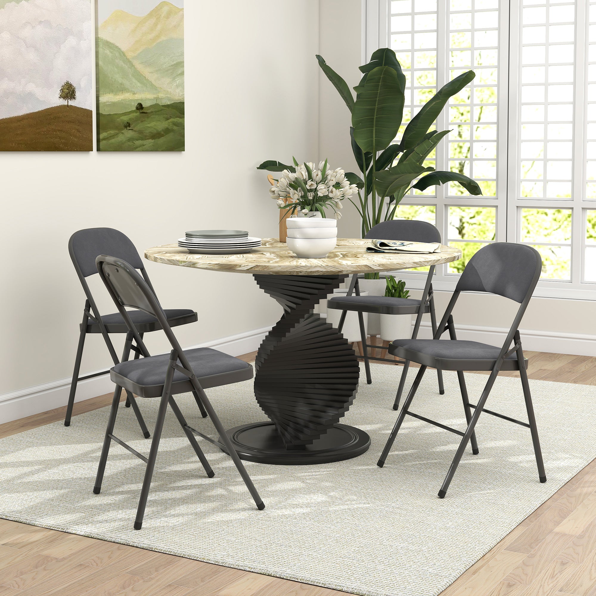 Lot de 4 chaises pliantes chaises de salle à manger portables intérieur avec assises et dossiers rembourrés en velours et cadre en acier, charge jusqu'à 120kg, gris foncé