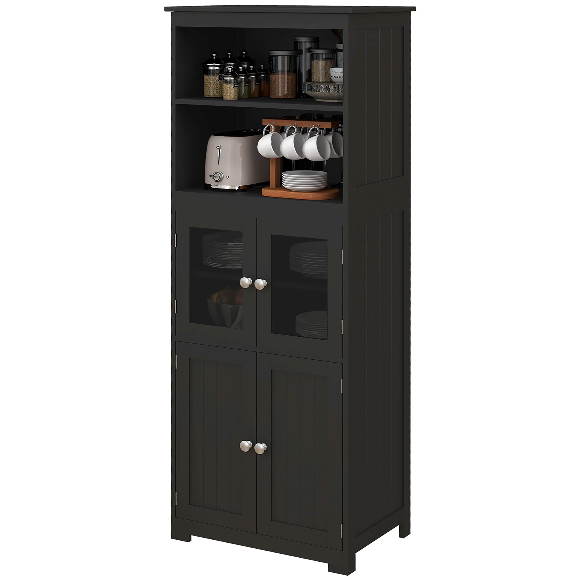 Armoire de cuisine buffet cuisine vaisselier meuble de rangement avec 2 niches, 2 placards avec 4 portes dont 2 portes vitrées, étagère réglable - dim. 60I x 30P x 162H cm noir