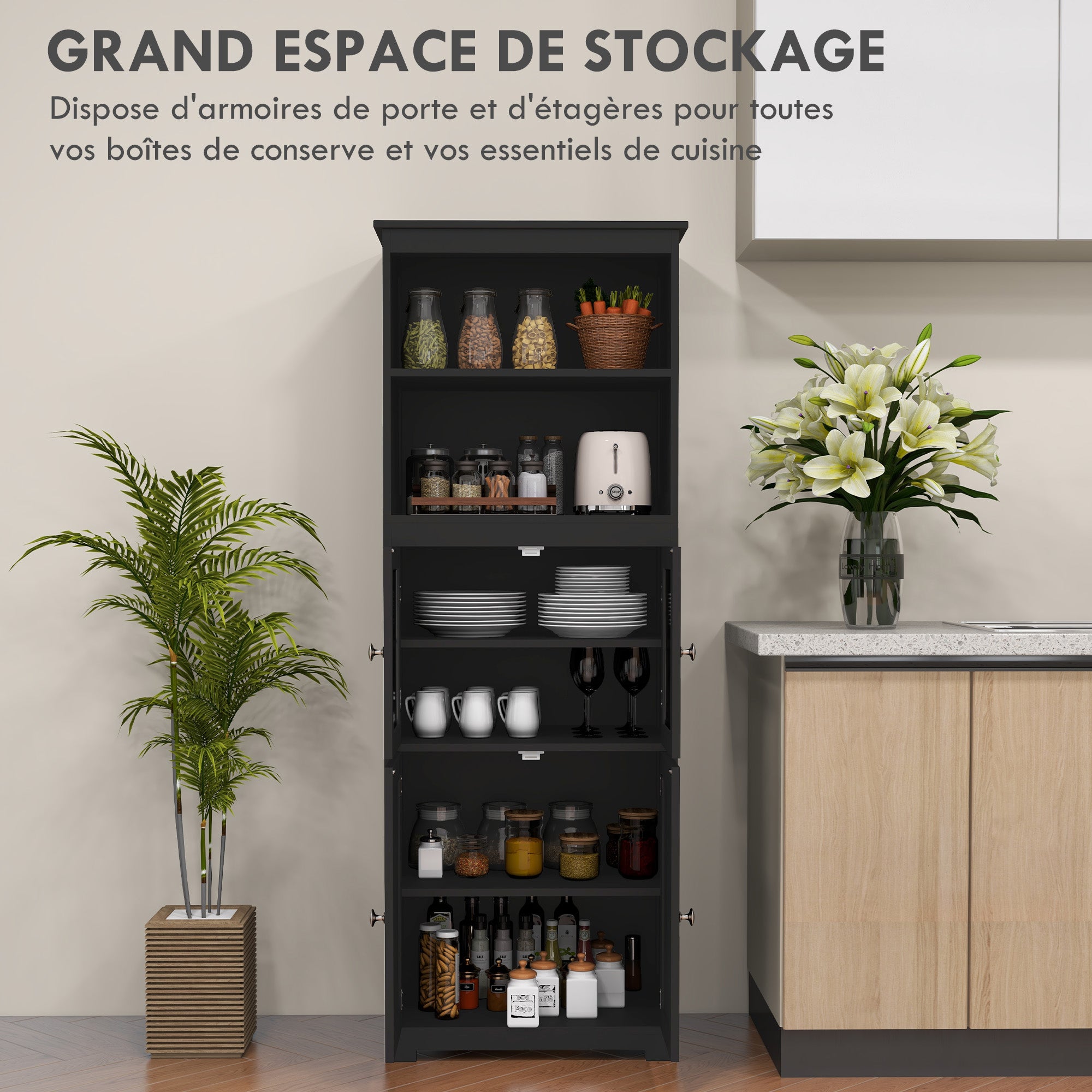 Armoire de cuisine buffet cuisine vaisselier meuble de rangement avec 2 niches, 2 placards avec 4 portes dont 2 portes vitrées, étagère réglable - dim. 60I x 30P x 162H cm noir
