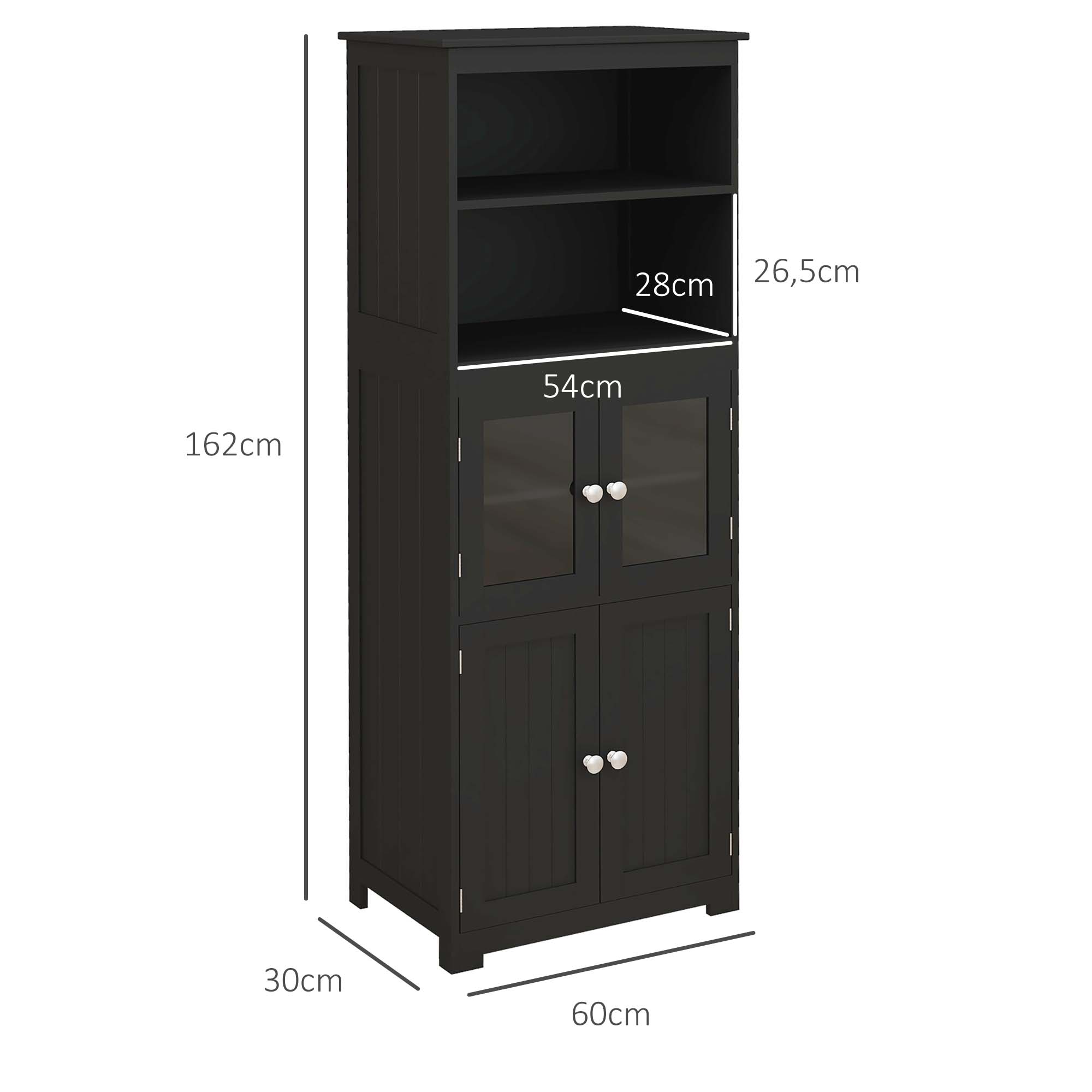 Armoire de cuisine buffet cuisine vaisselier meuble de rangement avec 2 niches, 2 placards avec 4 portes dont 2 portes vitrées, étagère réglable - dim. 60I x 30P x 162H cm noir