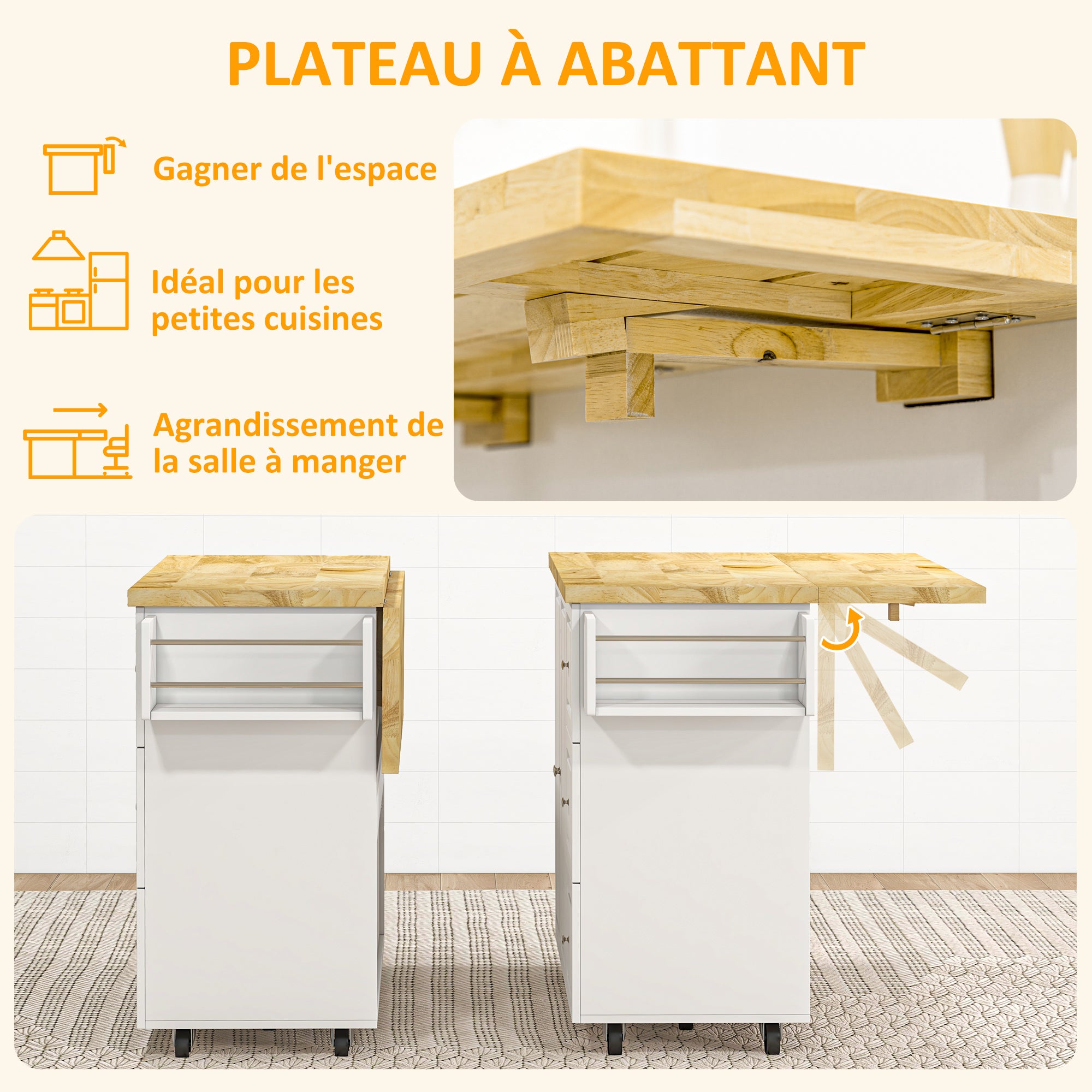 Desserte de cuisine sur roulettes, îlot central cuisine avec plateau en bois d'hévéa, 3 tiroirs, 1 placard, 2 portes, porte-torchons et porte-épices, 111,5 x 45-75 x 89 cm, blanc