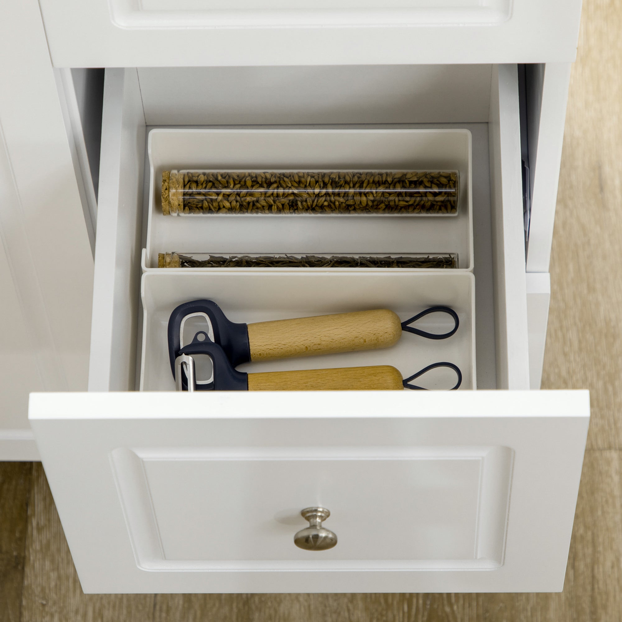 Desserte de cuisine sur roulettes, îlot central cuisine avec plateau en bois d'hévéa, 3 tiroirs, 1 placard, 2 portes, porte-torchons et porte-épices, 111,5 x 45-75 x 89 cm, blanc