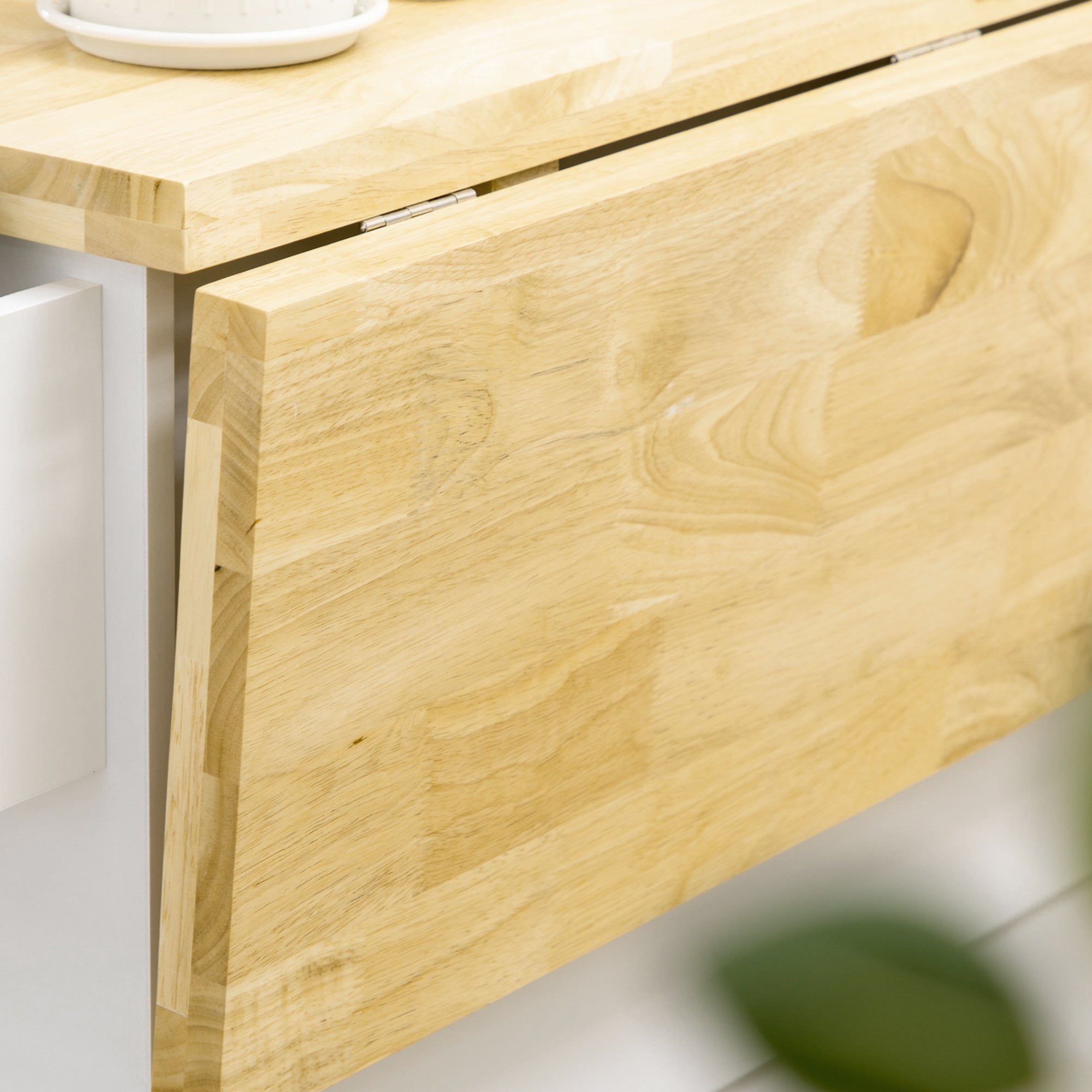 Desserte de cuisine sur roulettes, îlot central cuisine avec plateau en bois d'hévéa, 3 tiroirs, 1 placard, 2 portes, porte-torchons et porte-épices, 111,5 x 45-75 x 89 cm, blanc