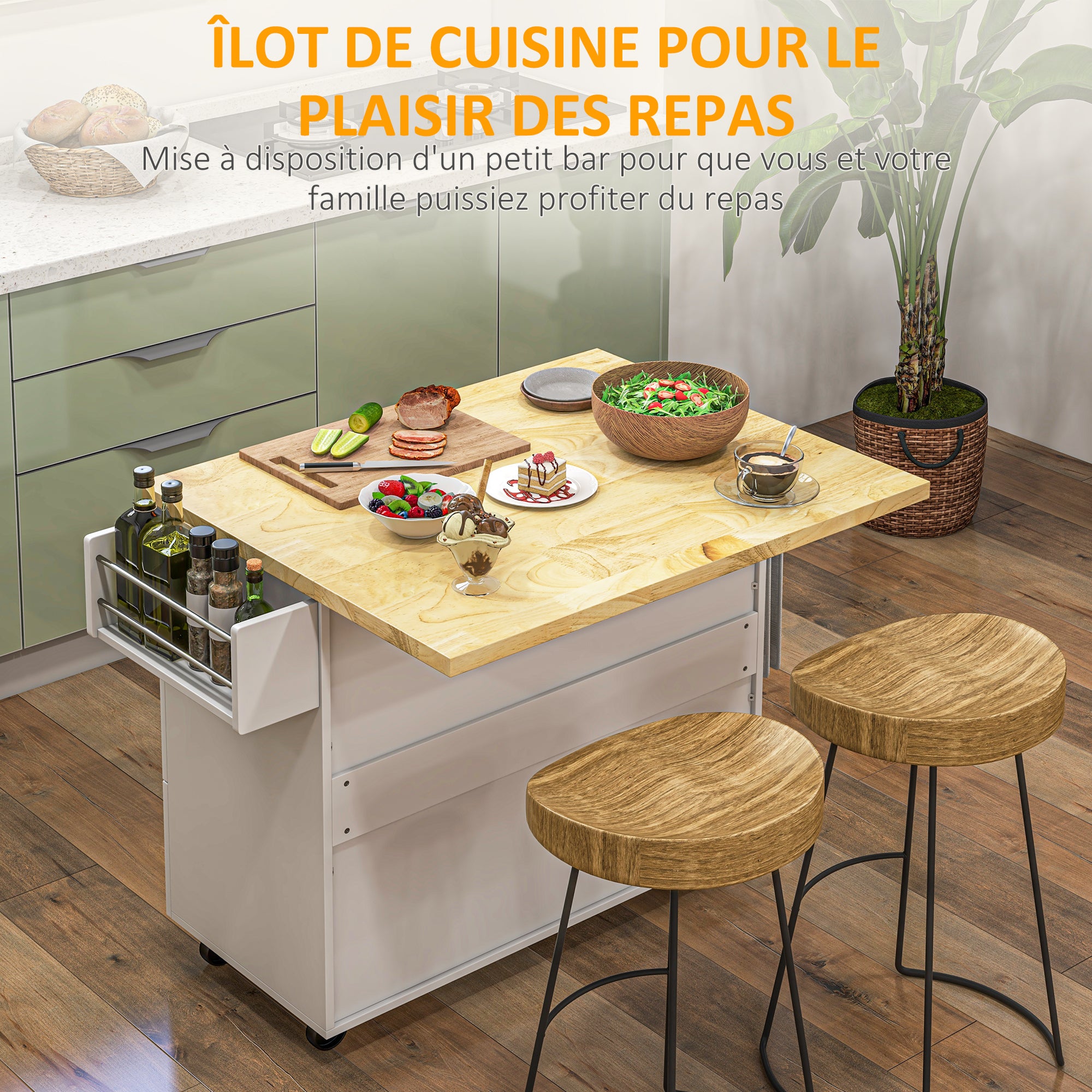 Desserte de cuisine sur roulettes, îlot central cuisine avec plateau en bois d'hévéa, 3 tiroirs, 1 placard, 2 portes, porte-torchons et porte-épices, 111,5 x 45-75 x 89 cm, blanc