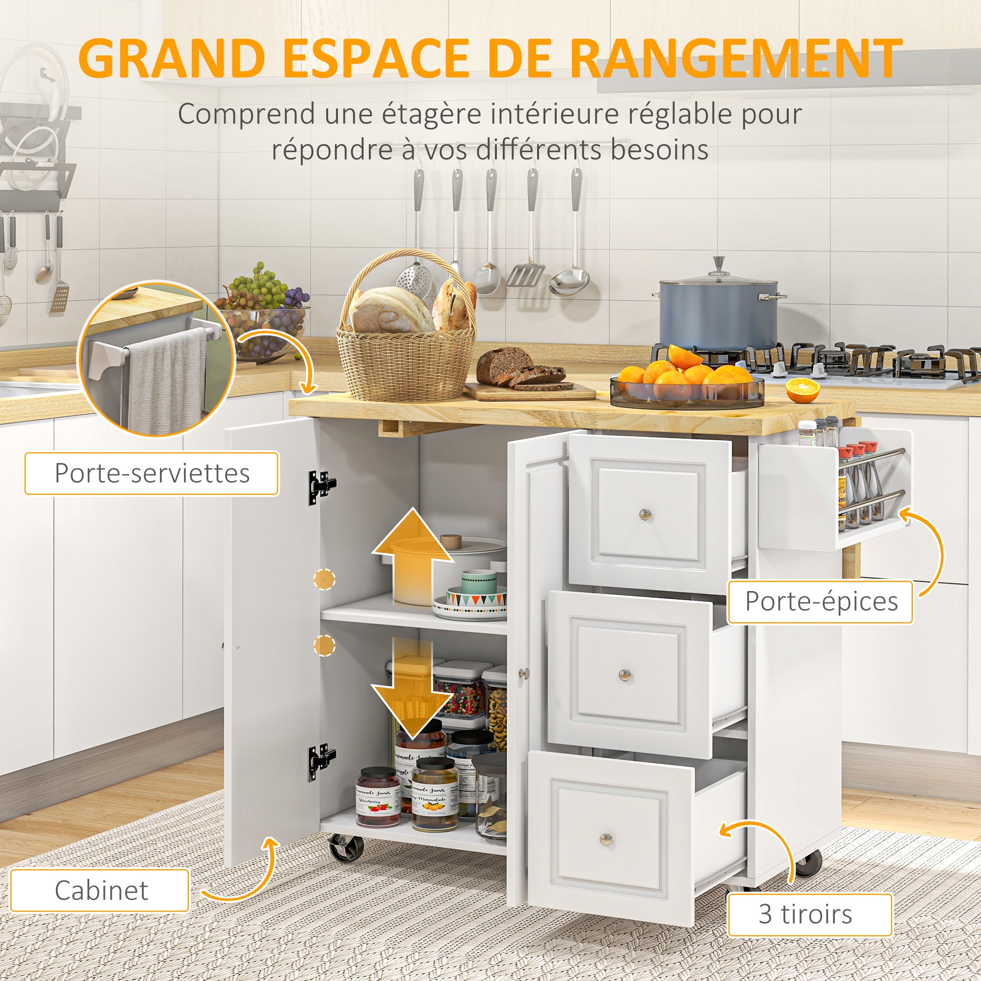 Desserte de cuisine sur roulettes, îlot central cuisine avec plateau en bois d'hévéa, 3 tiroirs, 1 placard, 2 portes, porte-torchons et porte-épices, 111,5 x 45-75 x 89 cm, blanc
