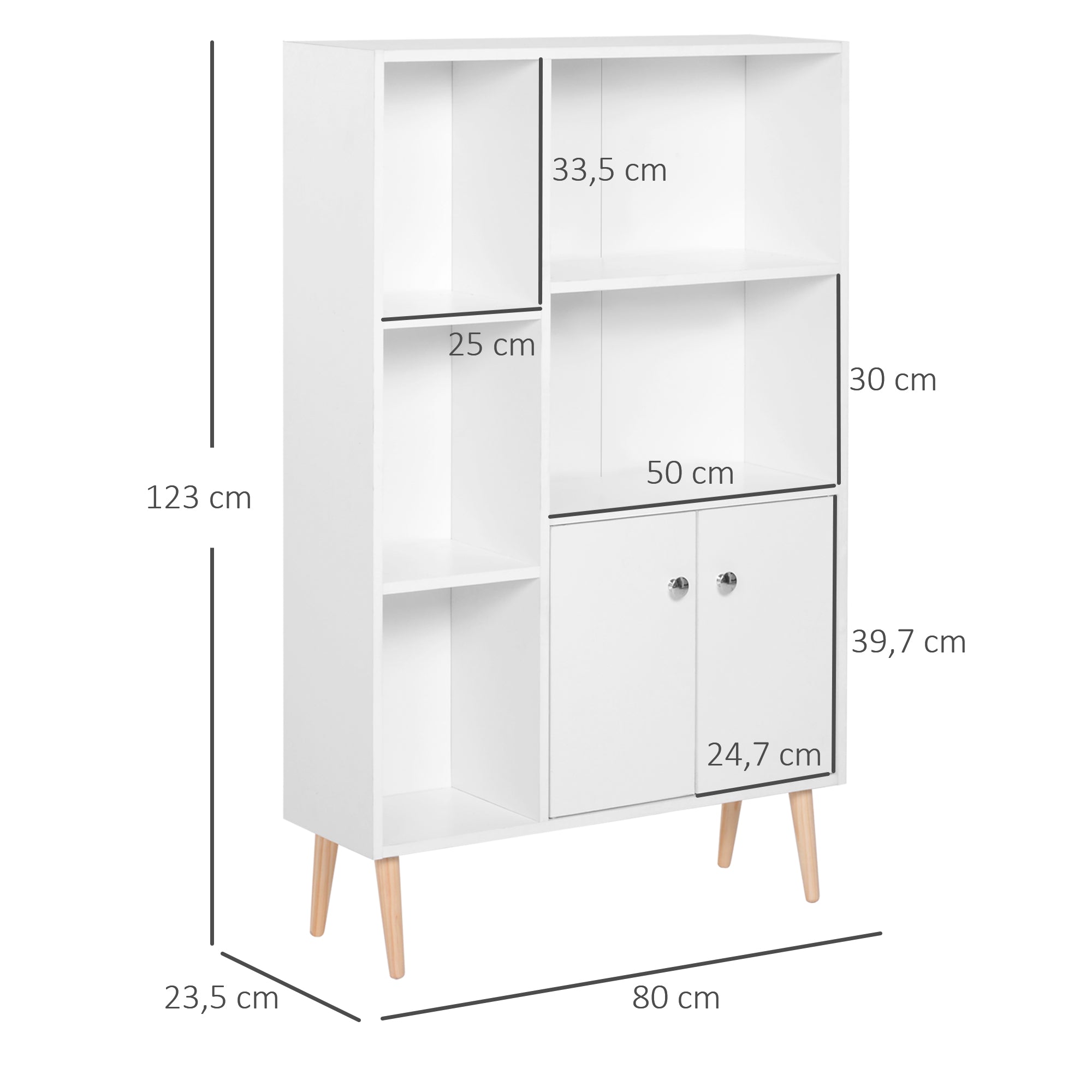 Bibliothèque scandinave meuble de rangement dim. 80L x 23,5l x 123H cm 5 niches placard 2 portes pieds effilés inclinés bois massif panneaux particules blanc