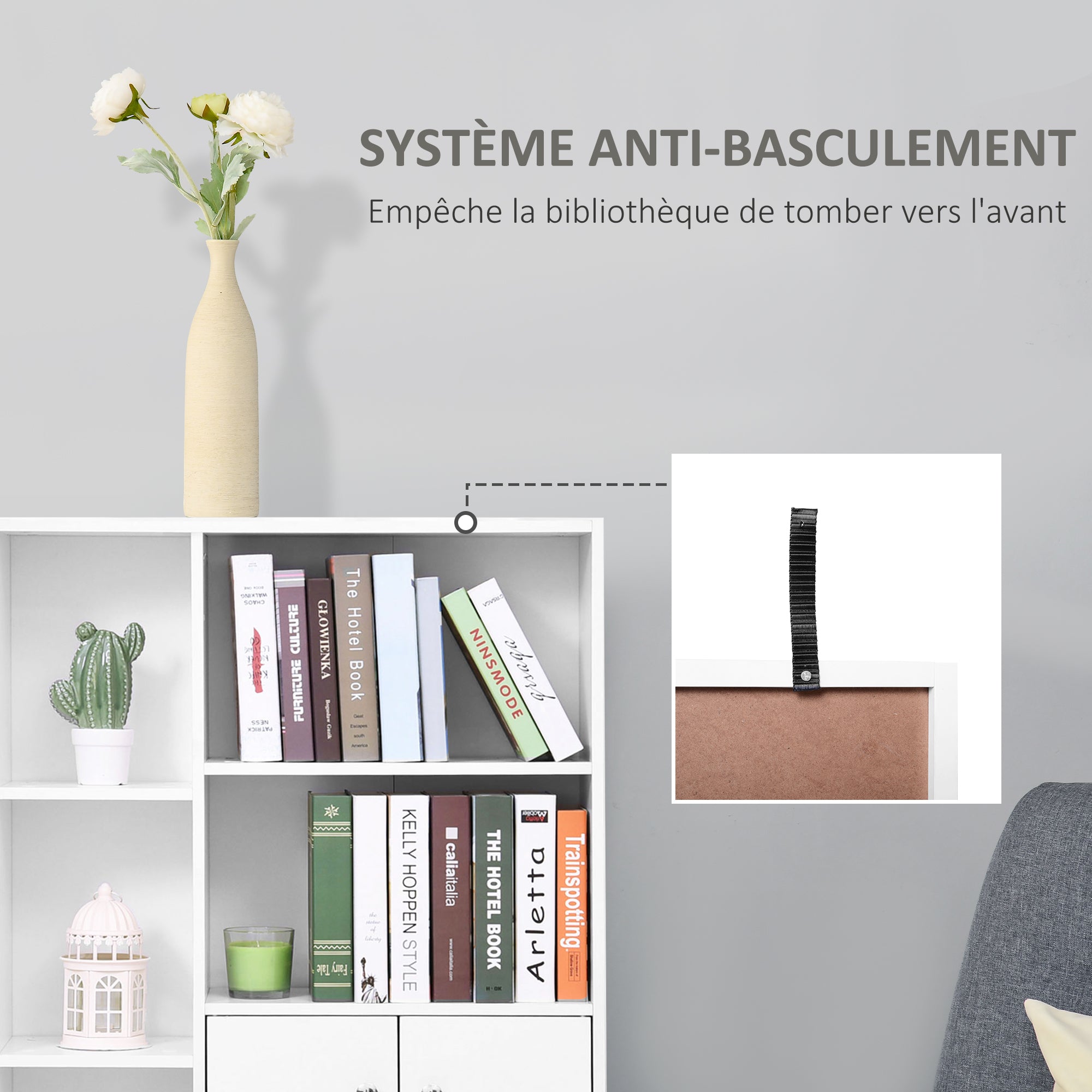 Bibliothèque scandinave meuble de rangement dim. 80L x 23,5l x 123H cm 5 niches placard 2 portes pieds effilés inclinés bois massif panneaux particules blanc