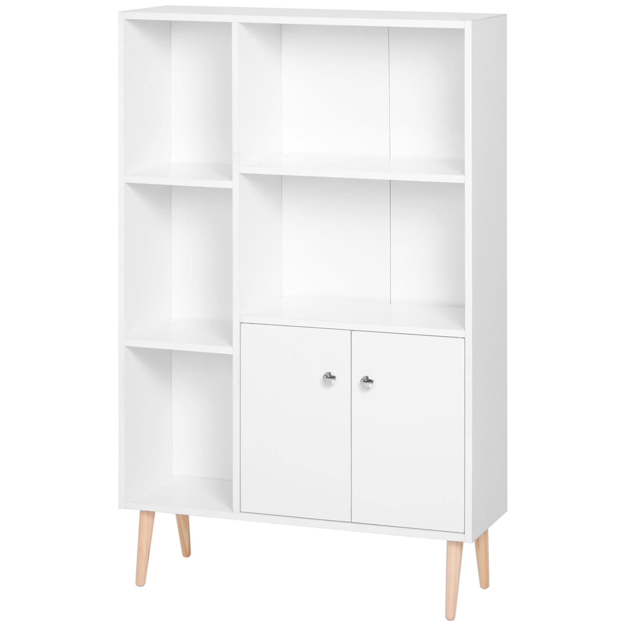Bibliothèque scandinave meuble de rangement dim. 80L x 23,5l x 123H cm 5 niches placard 2 portes pieds effilés inclinés bois massif panneaux particules blanc
