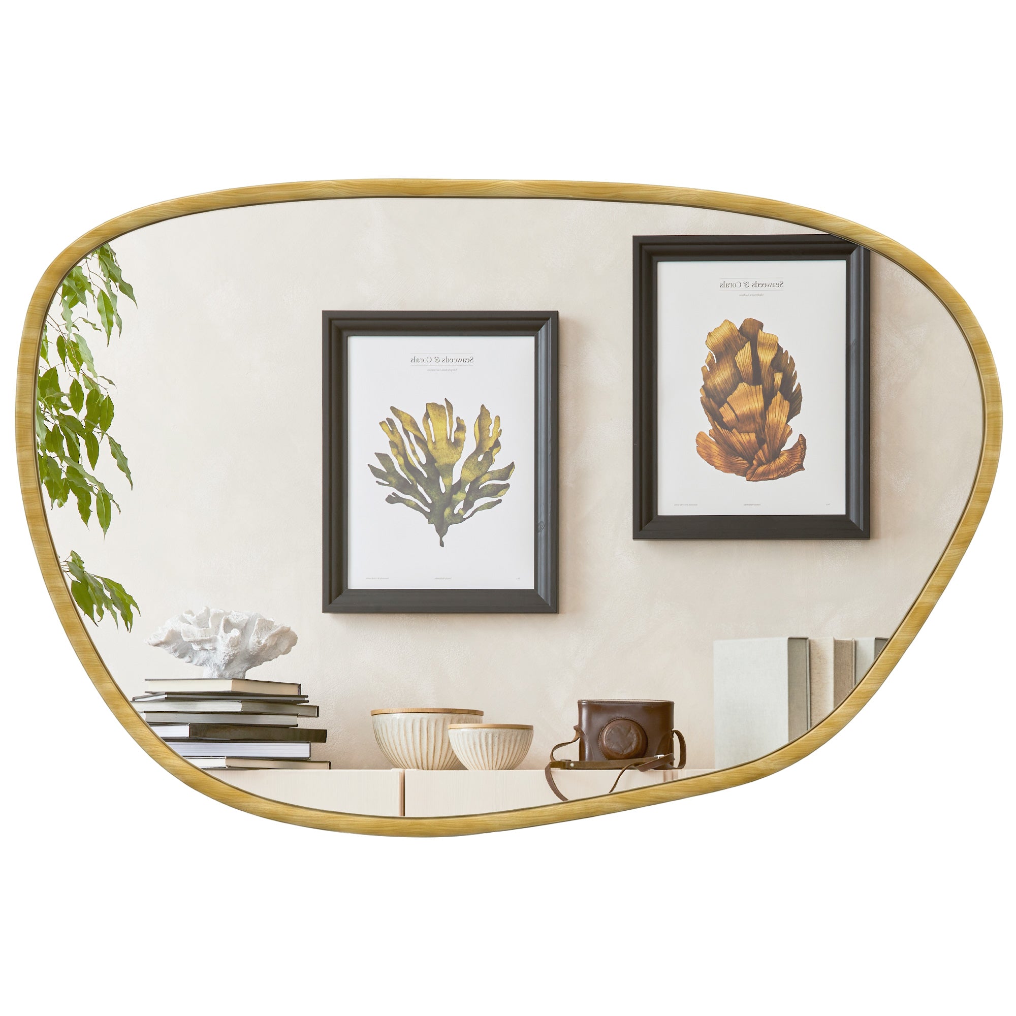 Miroir mural, miroir décoratif asymétrique 90 x 60 cm en verre trempé, pour salle de bain, chambre, salon, couloir, naturel