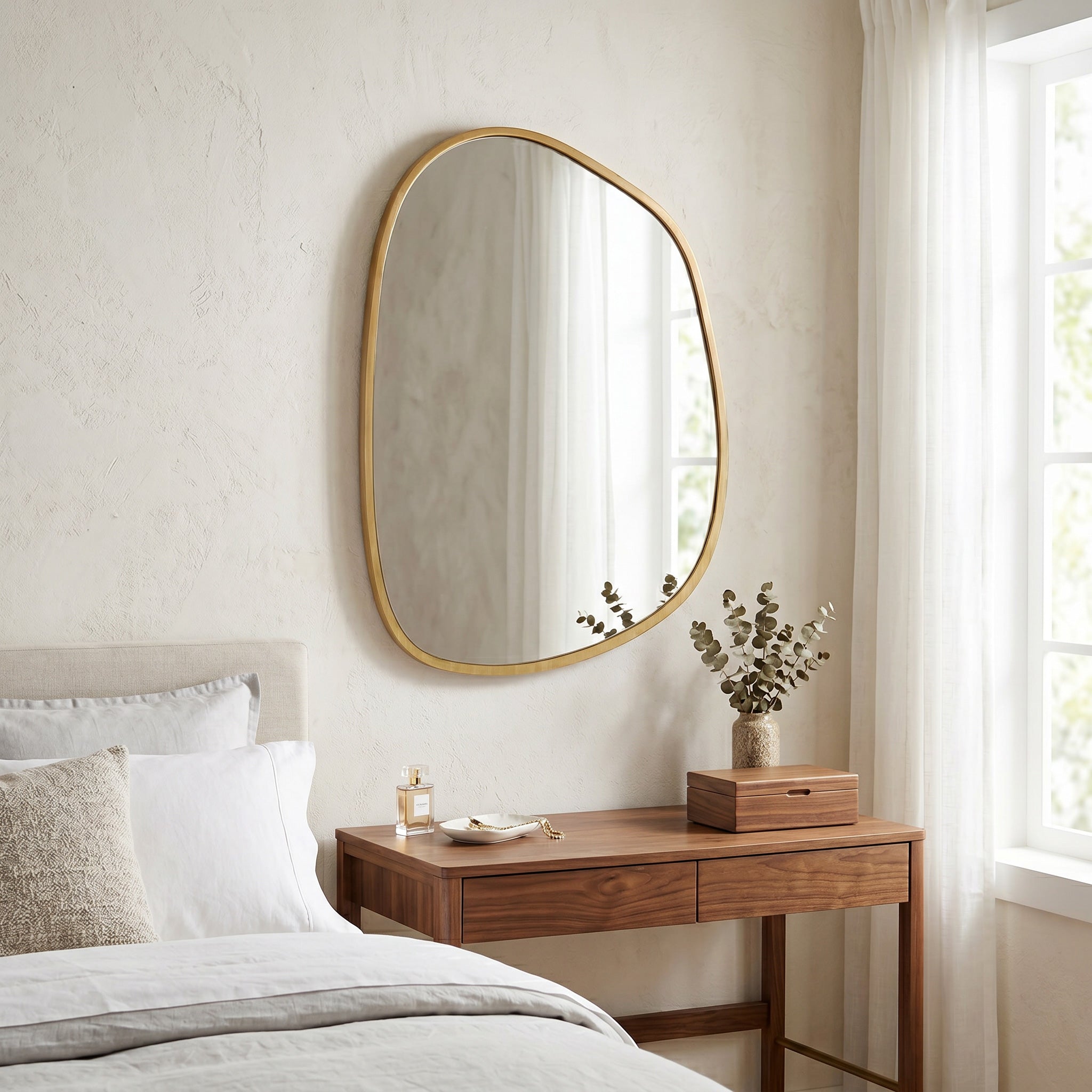 Miroir mural, miroir décoratif asymétrique 90 x 60 cm en verre trempé, pour salle de bain, chambre, salon, couloir, naturel