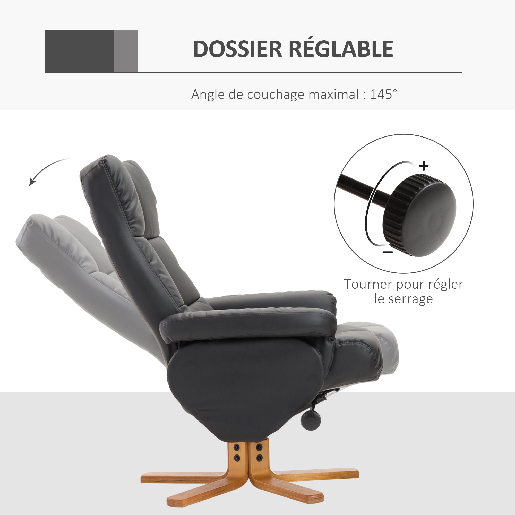 Fauteuil relax inclinable fauteuil de salon avec repose-pieds pouf coffre rangement revêtement synthétique couleur noire
