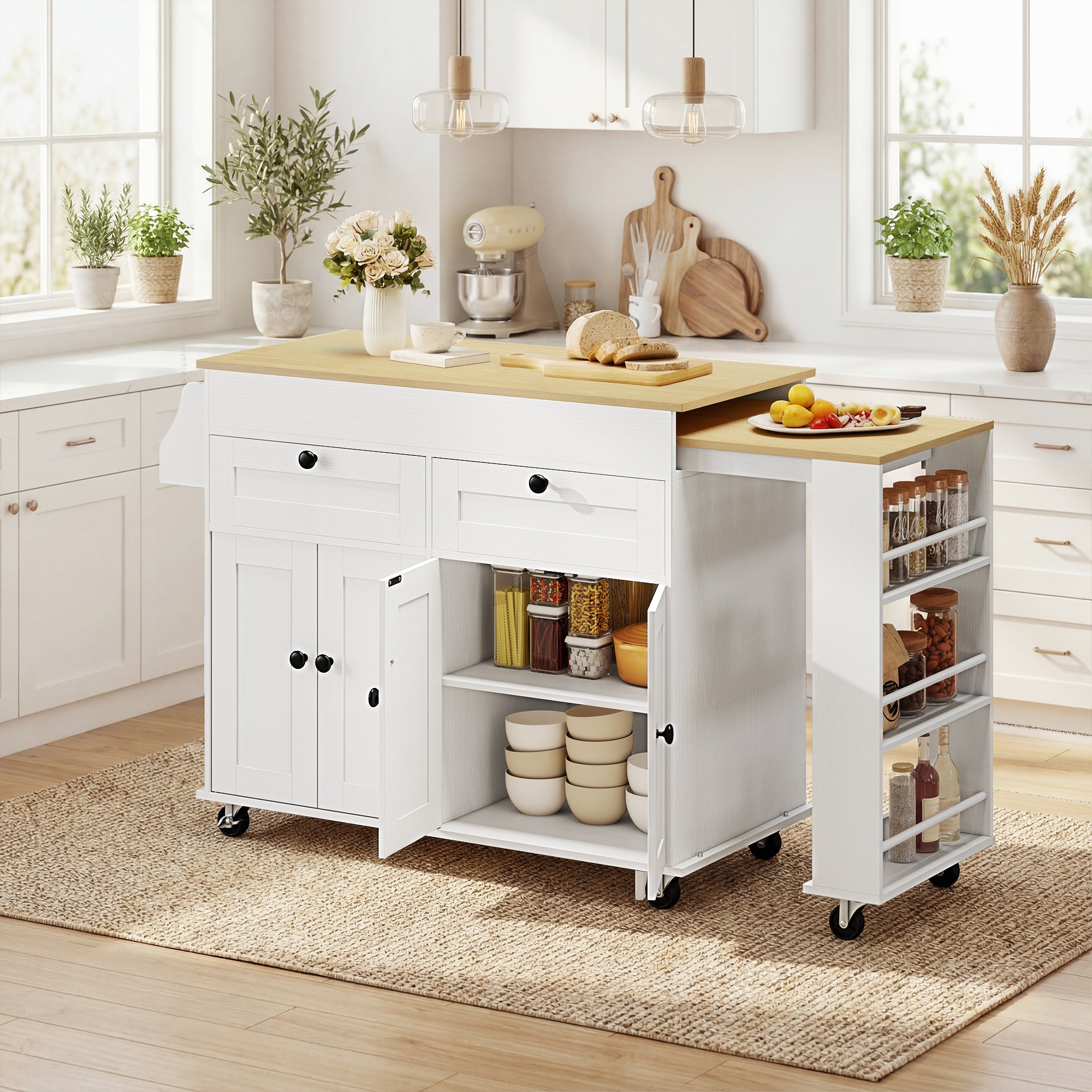 Îlot Central Cuisine avec Plateau Extensible, Desserte de Cuisine sur Roulettes avec 2 Tiroirs, 4 Portes, Porte-Serviettes et Porte-Épices, Style Rustique,127,2-189,2 x 50 x 87,8 cm, Blanc