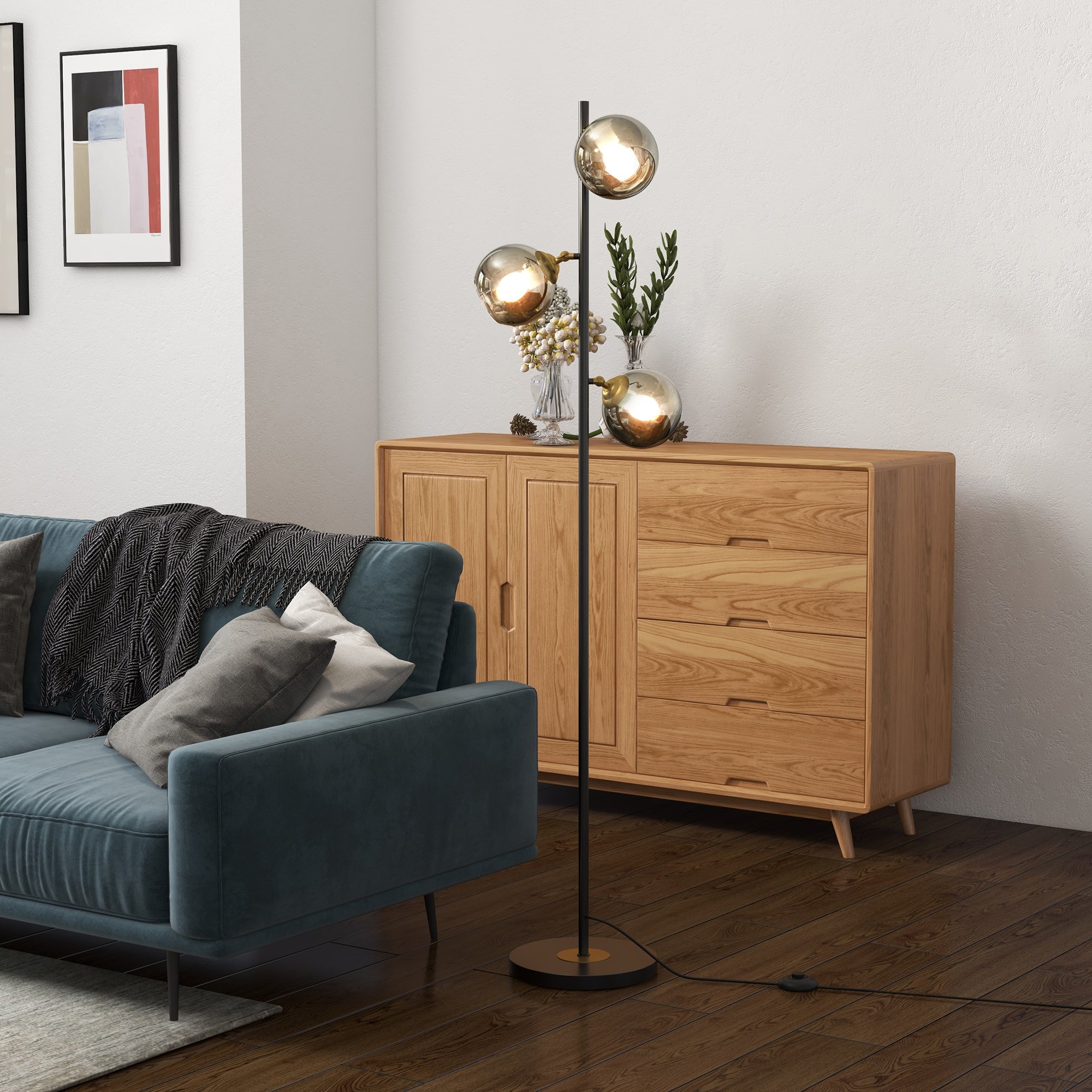 Lampadaire sur pied salon en métal avec 3 abat-jours globe métal chromé 40W Ø 36 x 162H cm noir et gris