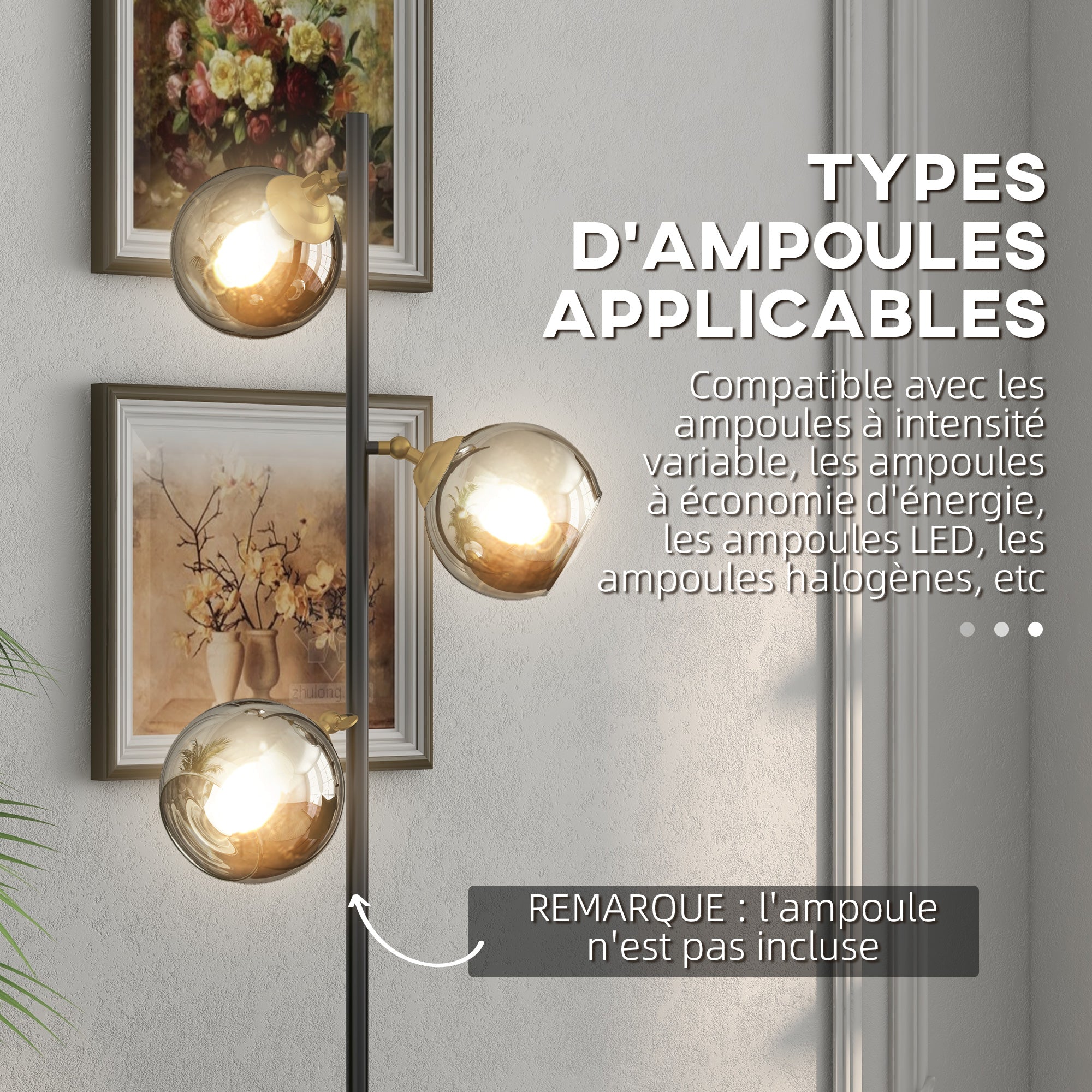 Lampadaire sur pied salon en métal avec 3 abat-jours globe métal chromé 40W Ø 36 x 162H cm noir et gris