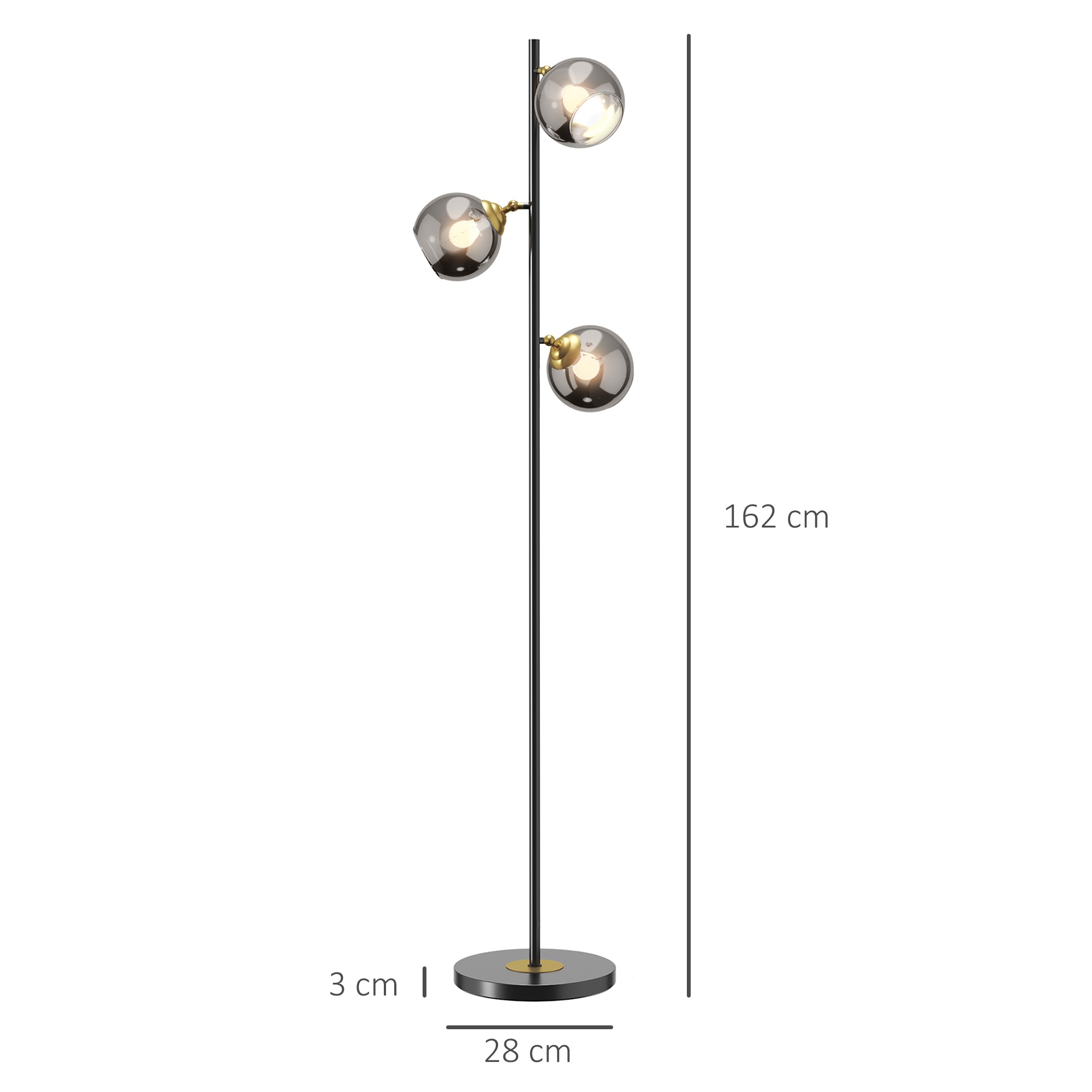 Lampadaire sur pied salon en métal avec 3 abat-jours globe métal chromé 40W Ø 36 x 162H cm noir et gris