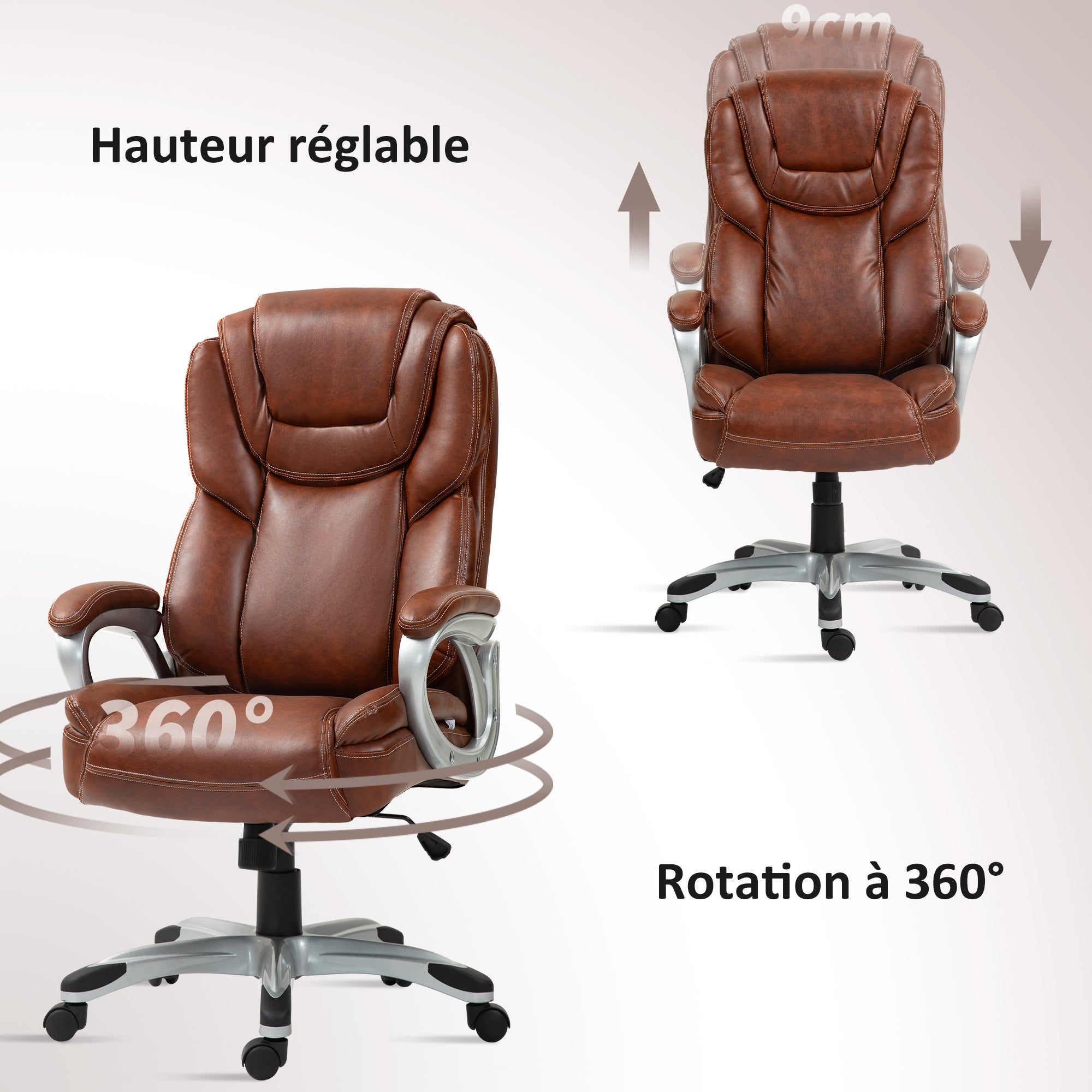 Chaise de bureau, fauteuil de bureau, siège d'ordinateur, avec fonction bascule, dossier haut, roulettes pivotantes 360°, hauteur réglable, marron