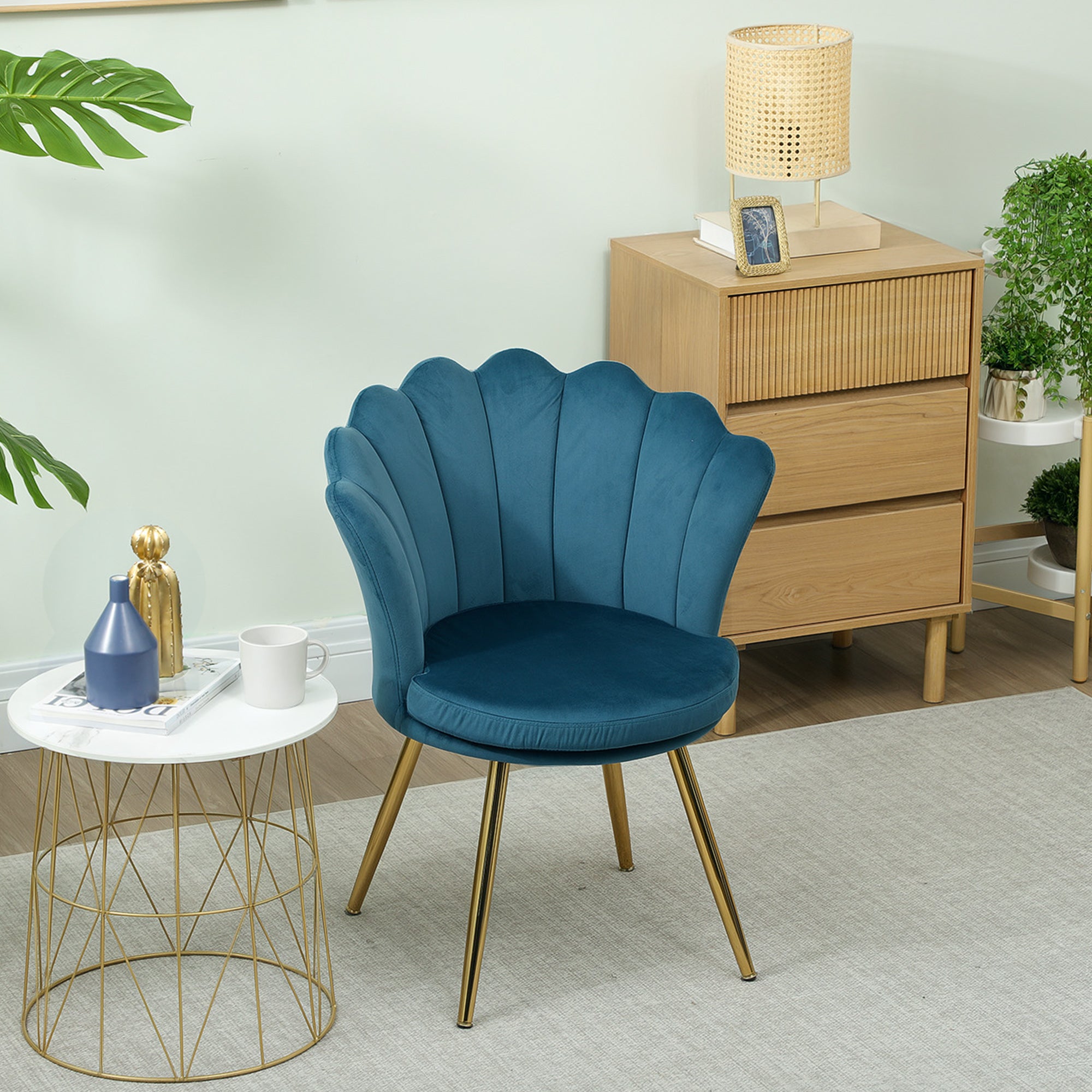 Fauteuil coquillage chaise coiffeuse fauteuil en velours avec pieds en métal doré pour salon chambre et salle à manger 67l x 64P x 77H cm bleu