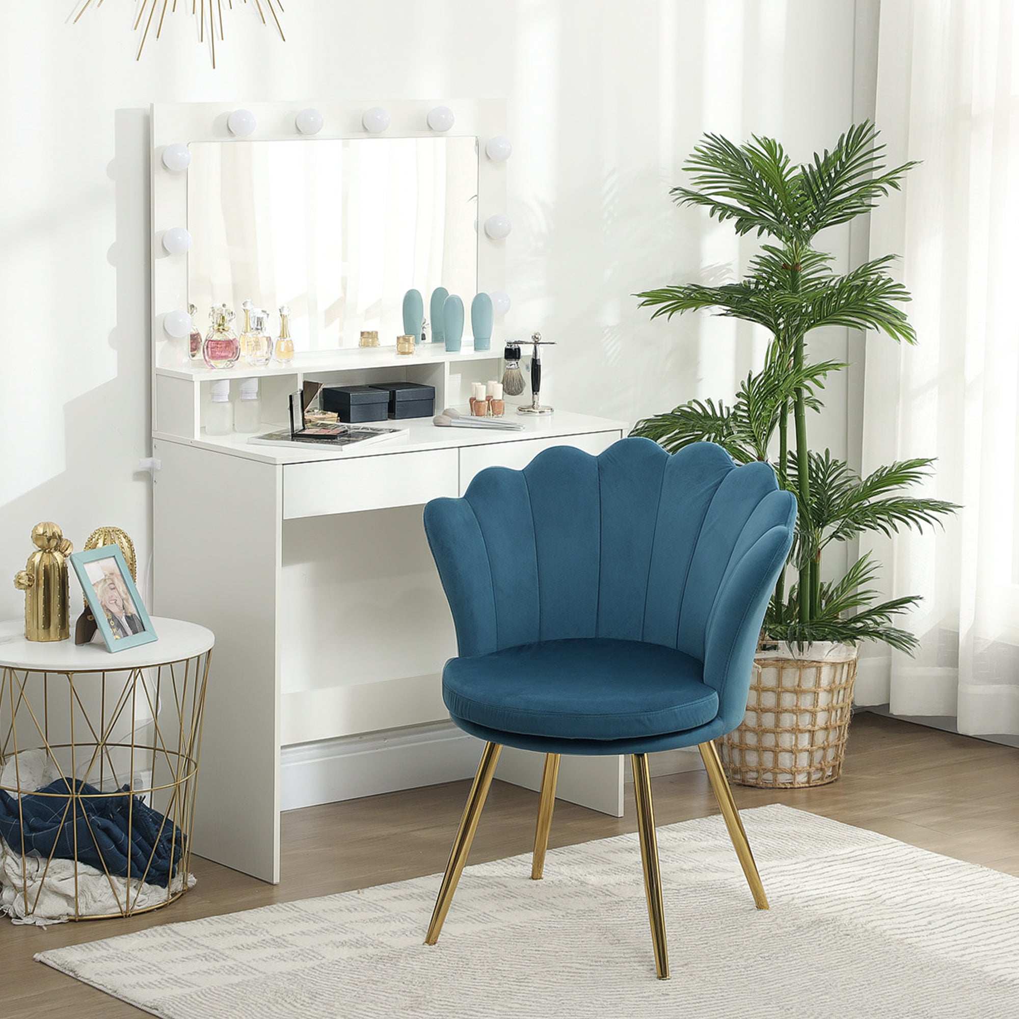 Fauteuil coquillage chaise coiffeuse fauteuil en velours avec pieds en métal doré pour salon chambre et salle à manger 67l x 64P x 77H cm bleu