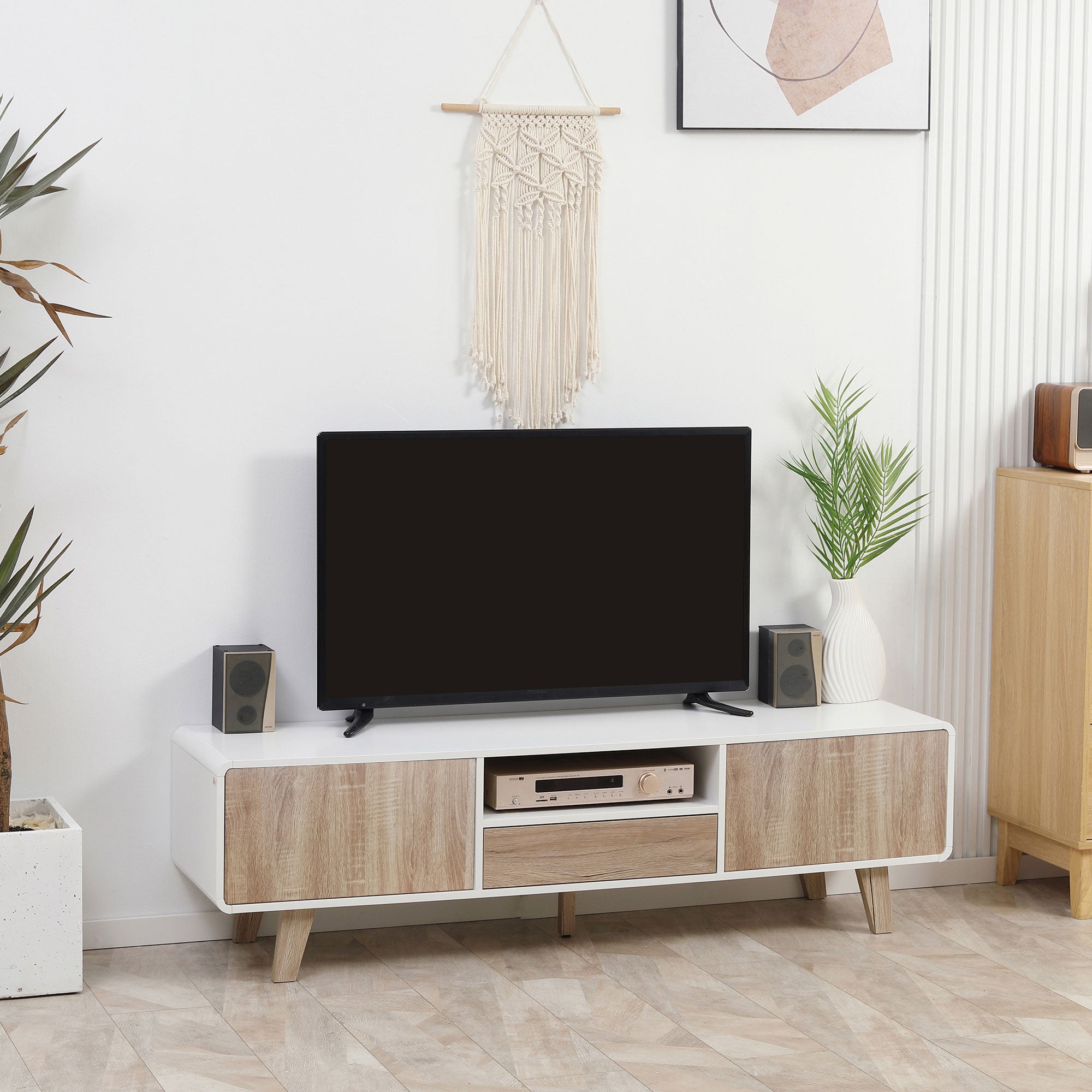 Meuble TV Bas sur Pied Style scandinave 2 Portes Niche tiroir MDF Blanc Aspect chêne Clair