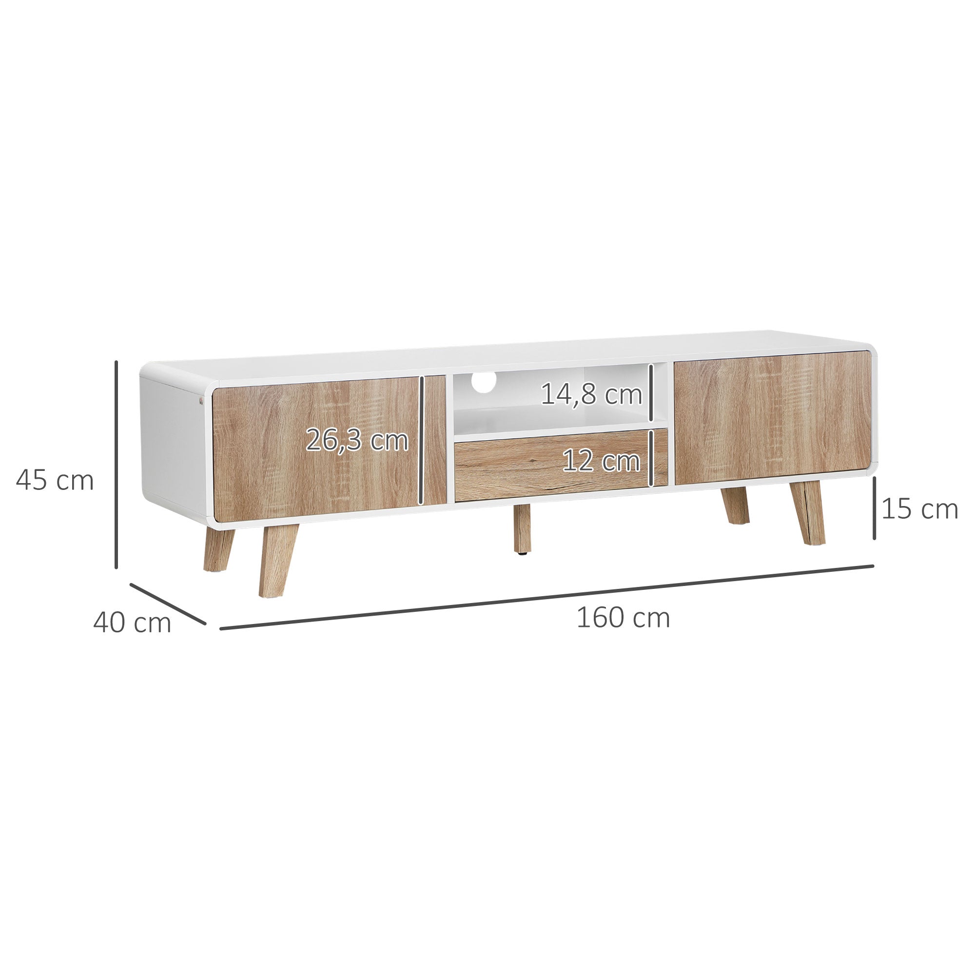 Meuble TV Bas sur Pied Style scandinave 2 Portes Niche tiroir MDF Blanc Aspect chêne Clair