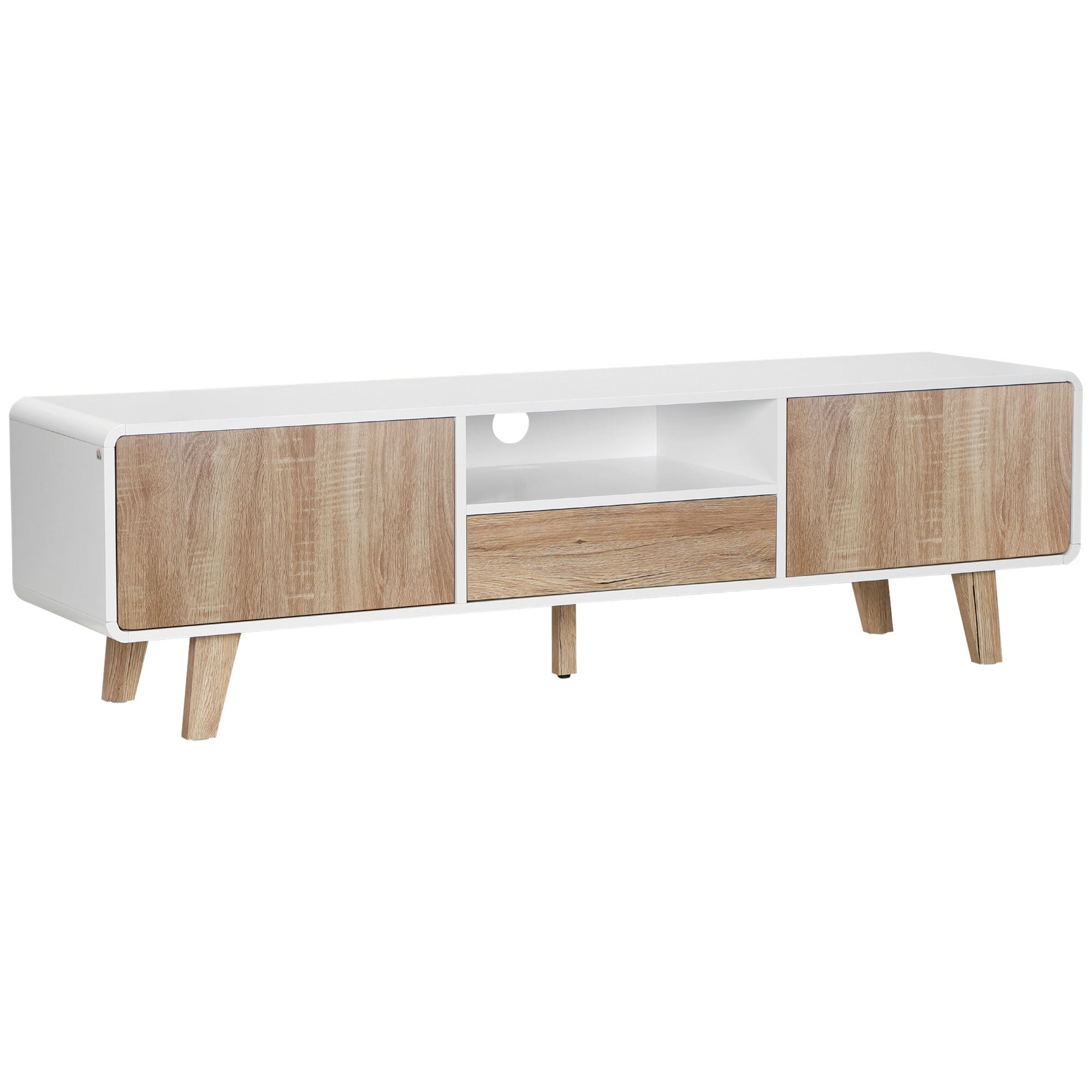 Meuble TV Bas sur Pied Style scandinave 2 Portes Niche tiroir MDF Blanc Aspect chêne Clair