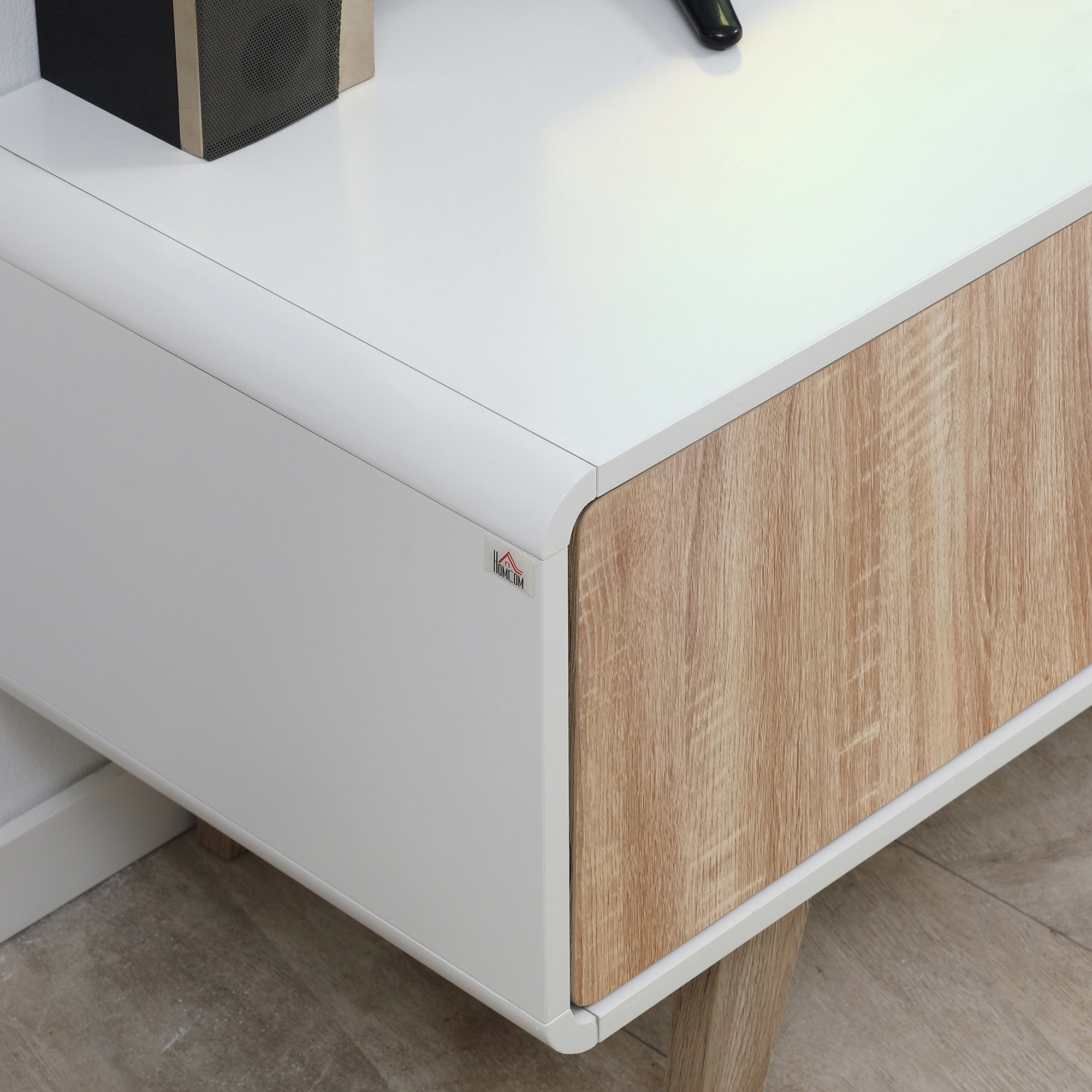 Meuble TV Bas sur Pied Style scandinave 2 Portes Niche tiroir MDF Blanc Aspect chêne Clair