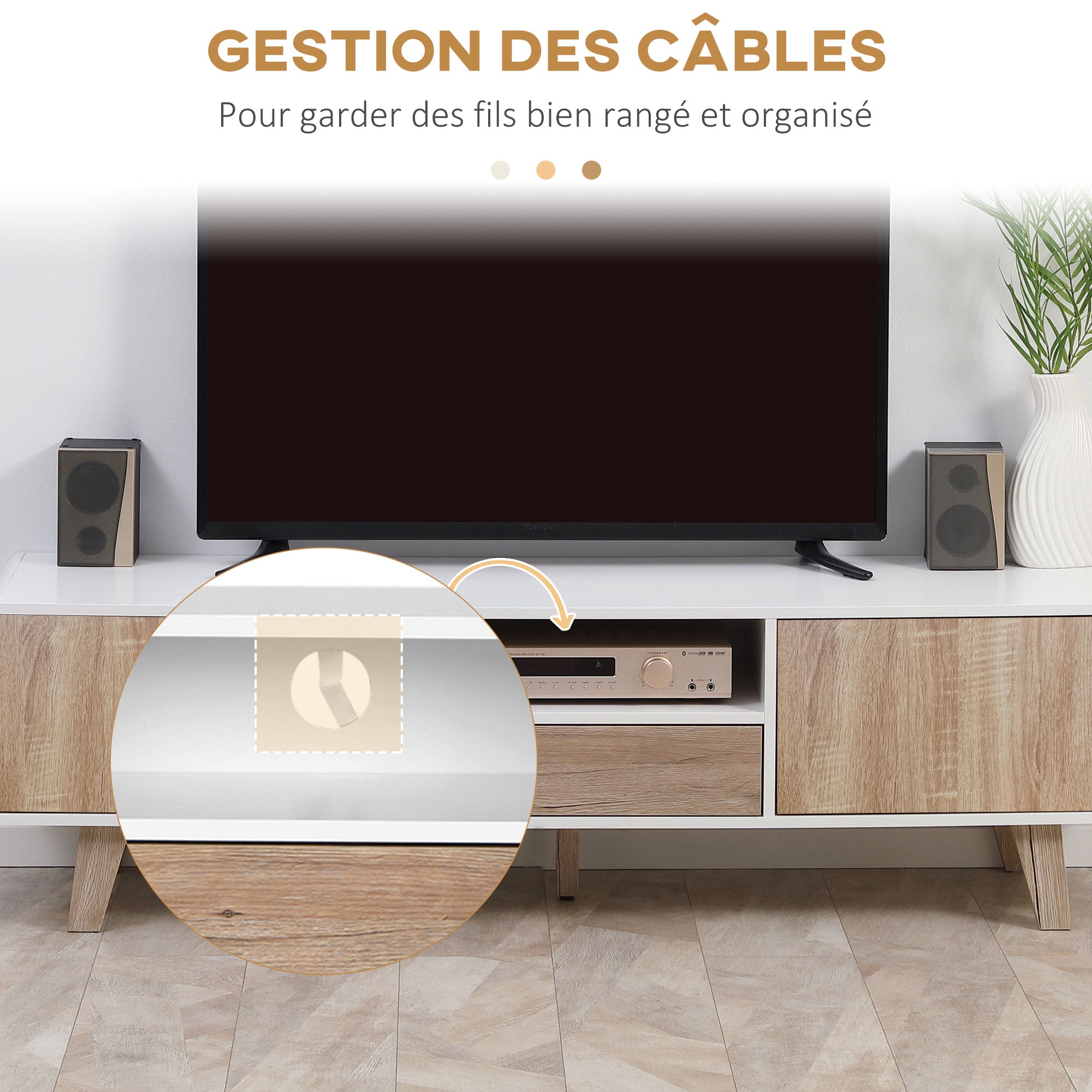 Meuble TV Bas sur Pied Style scandinave 2 Portes Niche tiroir MDF Blanc Aspect chêne Clair