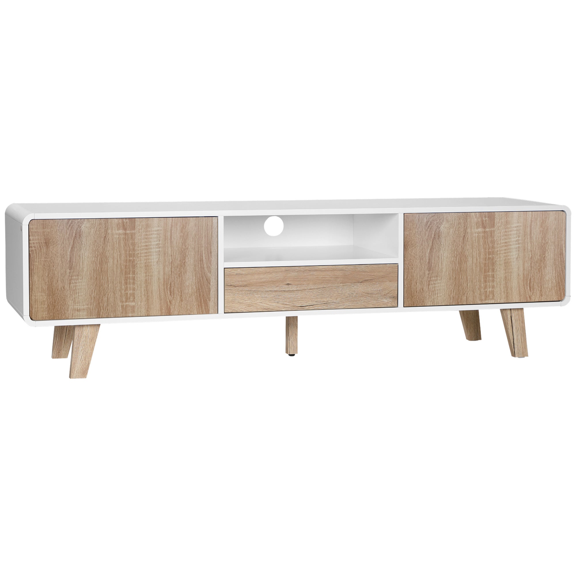 Meuble TV Bas sur Pied Style scandinave 2 Portes Niche tiroir MDF Blanc Aspect chêne Clair