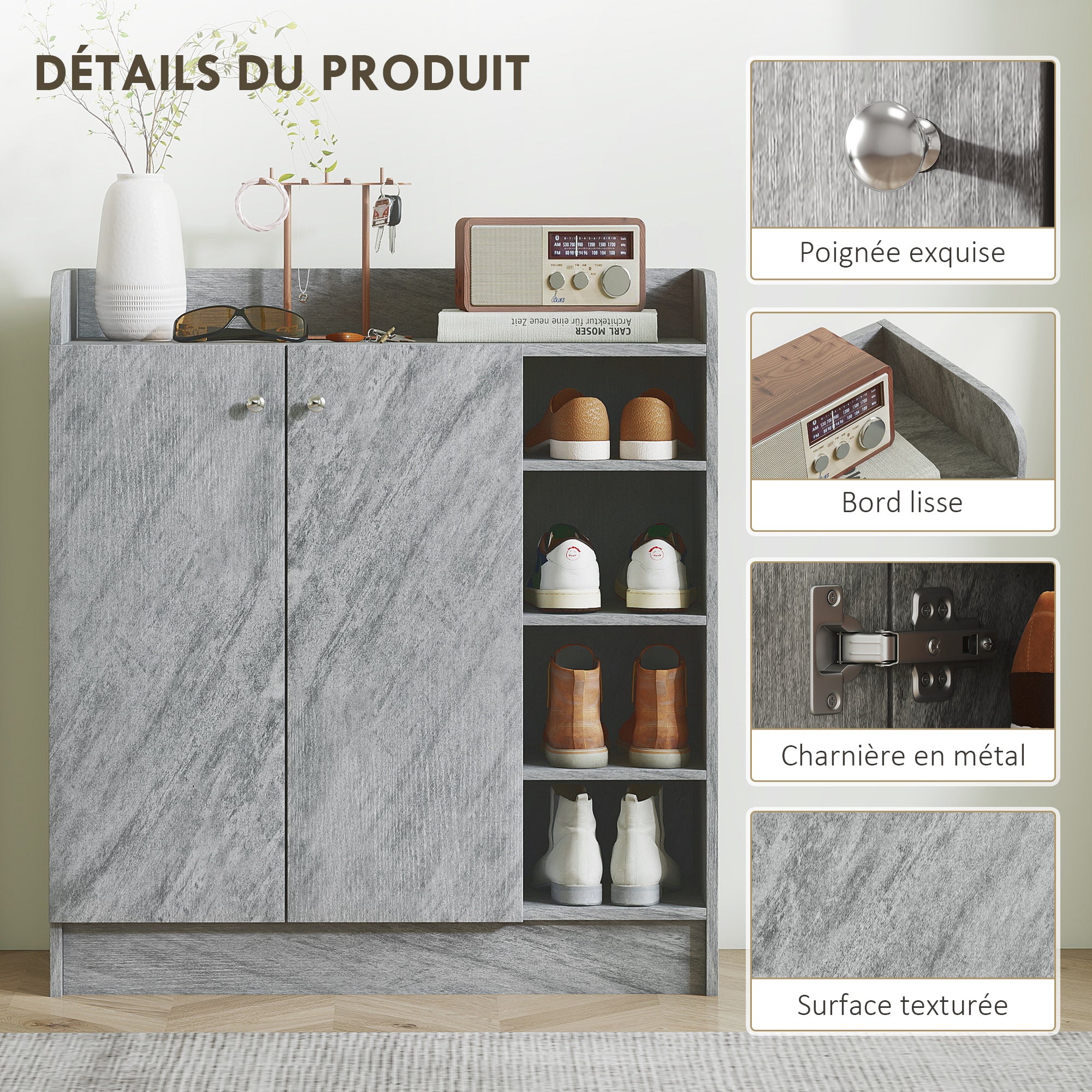 Meuble de rangement à chaussures pour entrée 12 paires - armoire à chaussures avec 4 compartiments ouverts et placard double porte - étagère réglable - 83L x 30l x 90H cm - gris