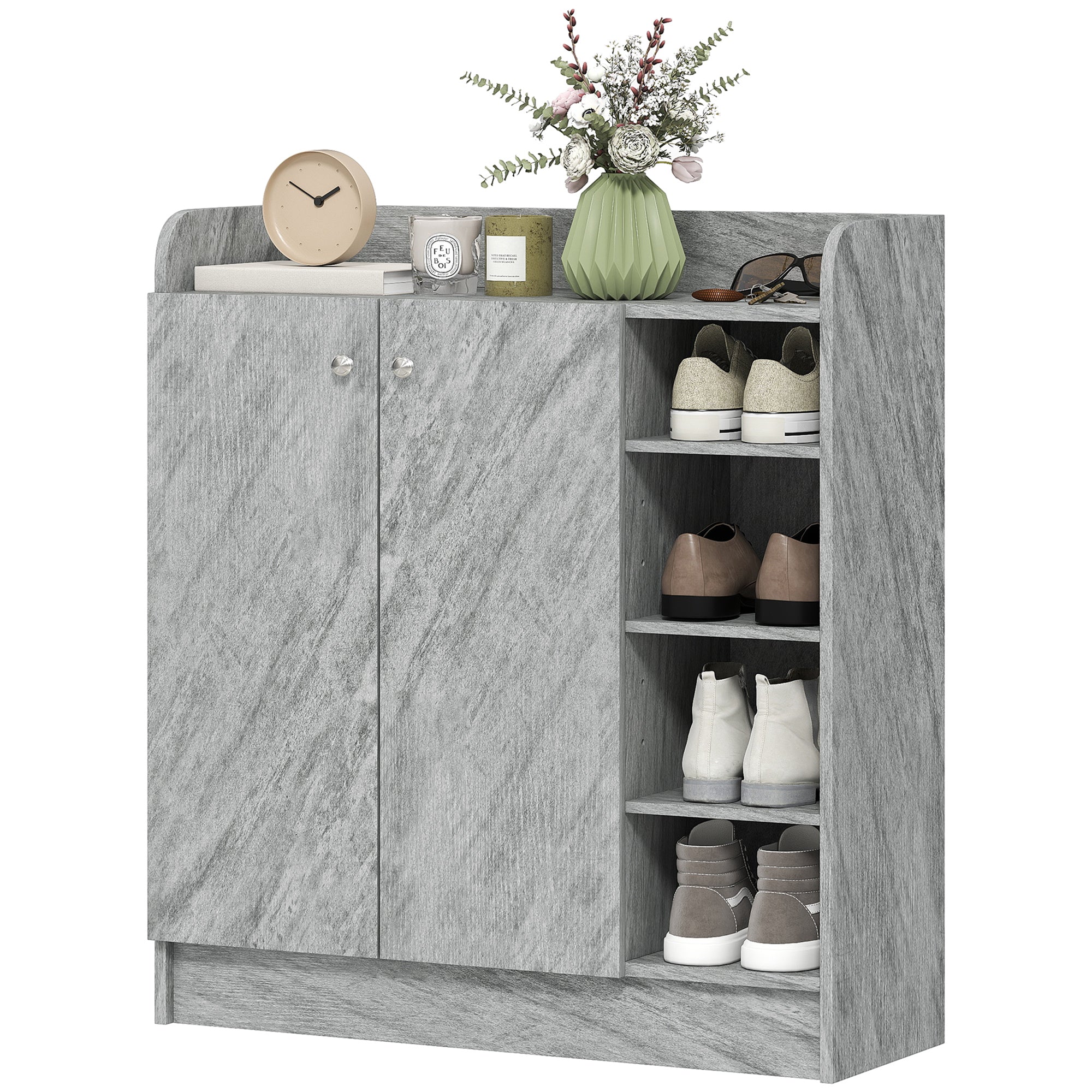 Meuble de rangement à chaussures pour entrée 12 paires - armoire à chaussures avec 4 compartiments ouverts et placard double porte - étagère réglable - 83L x 30l x 90H cm - gris