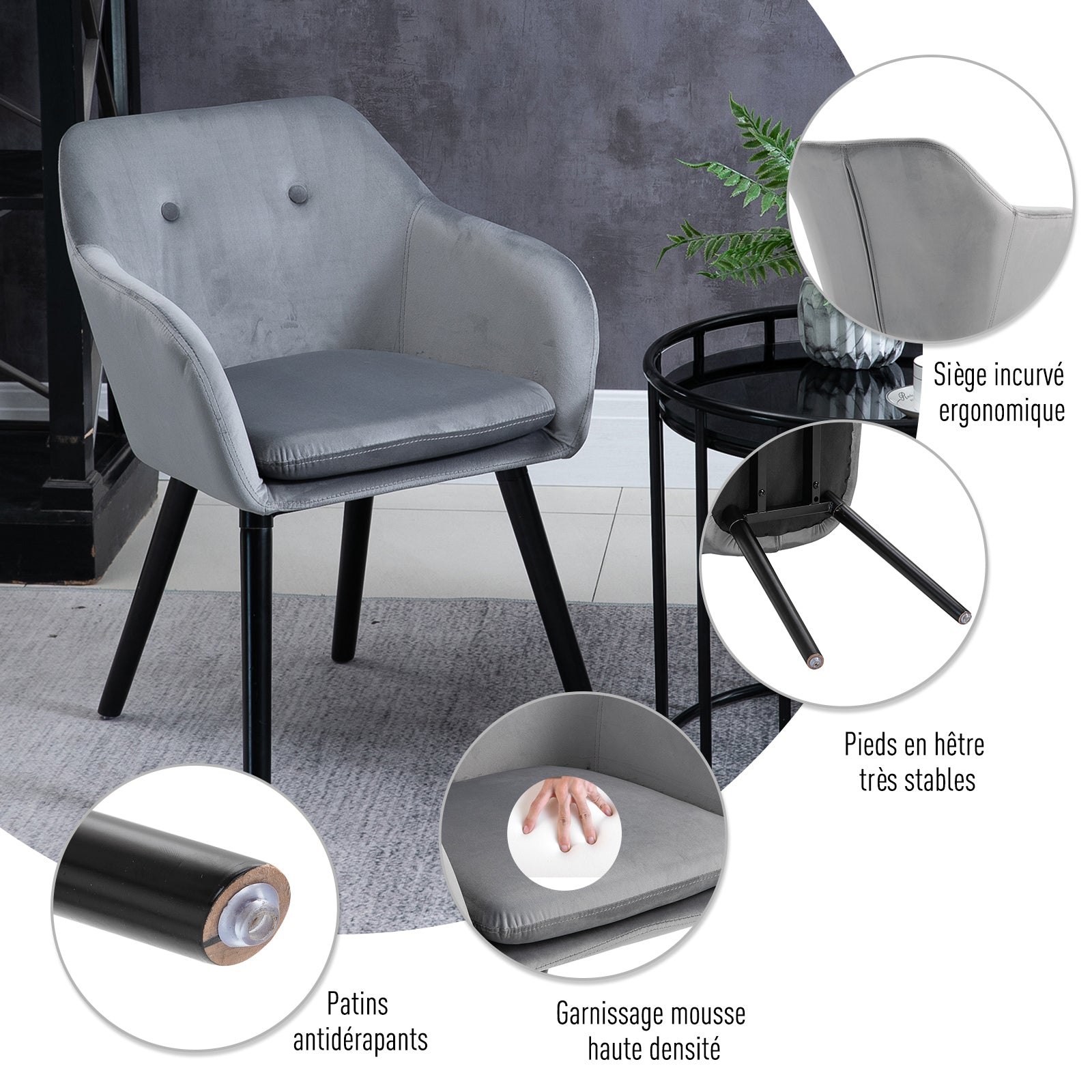 Chaises de salle à manger chaise de cuisine chaises de salon scandinave - Lot de 2 - Pieds effilés Bois Noir - Velours Gris