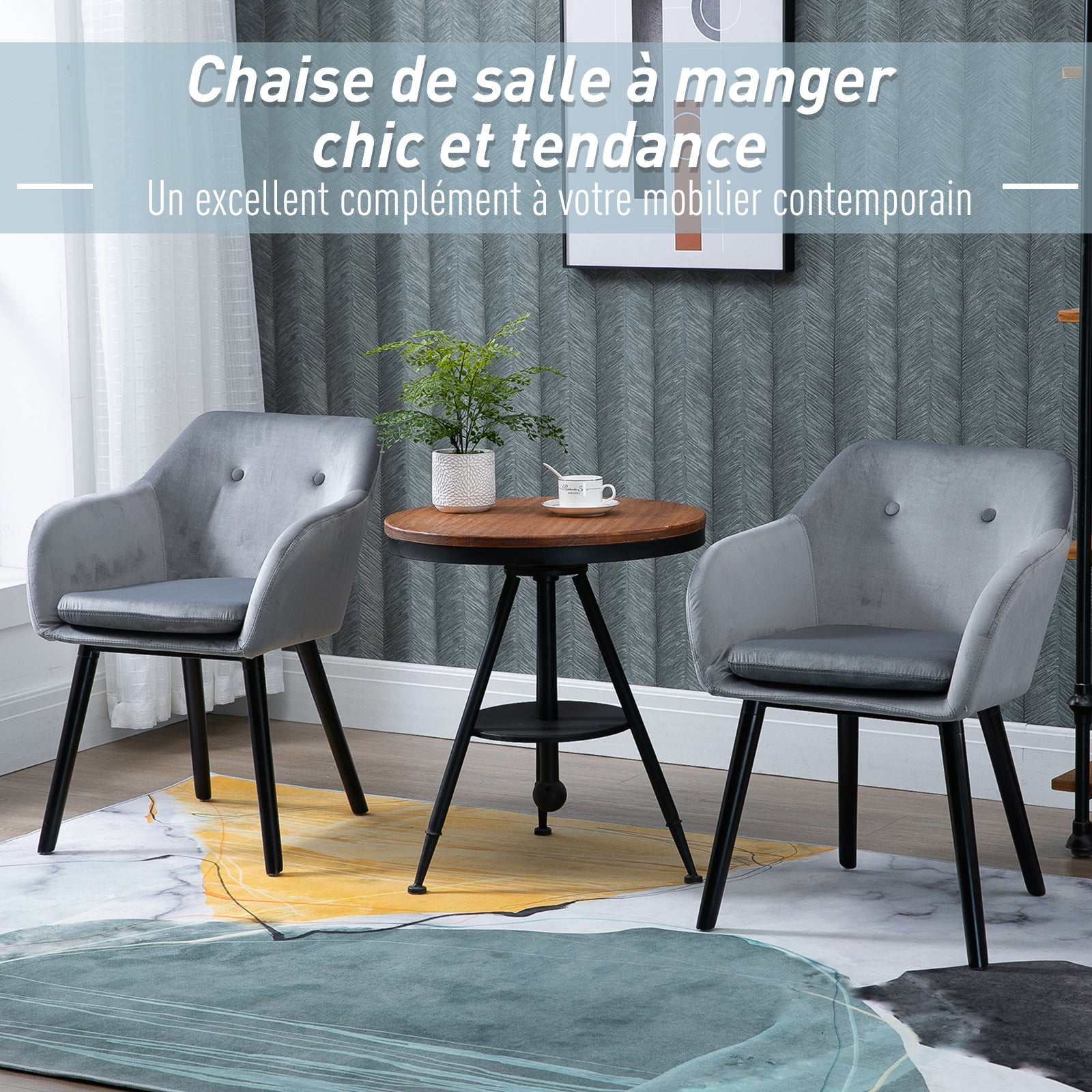 Chaises de salle à manger chaise de cuisine chaises de salon scandinave - Lot de 2 - Pieds effilés Bois Noir - Velours Gris