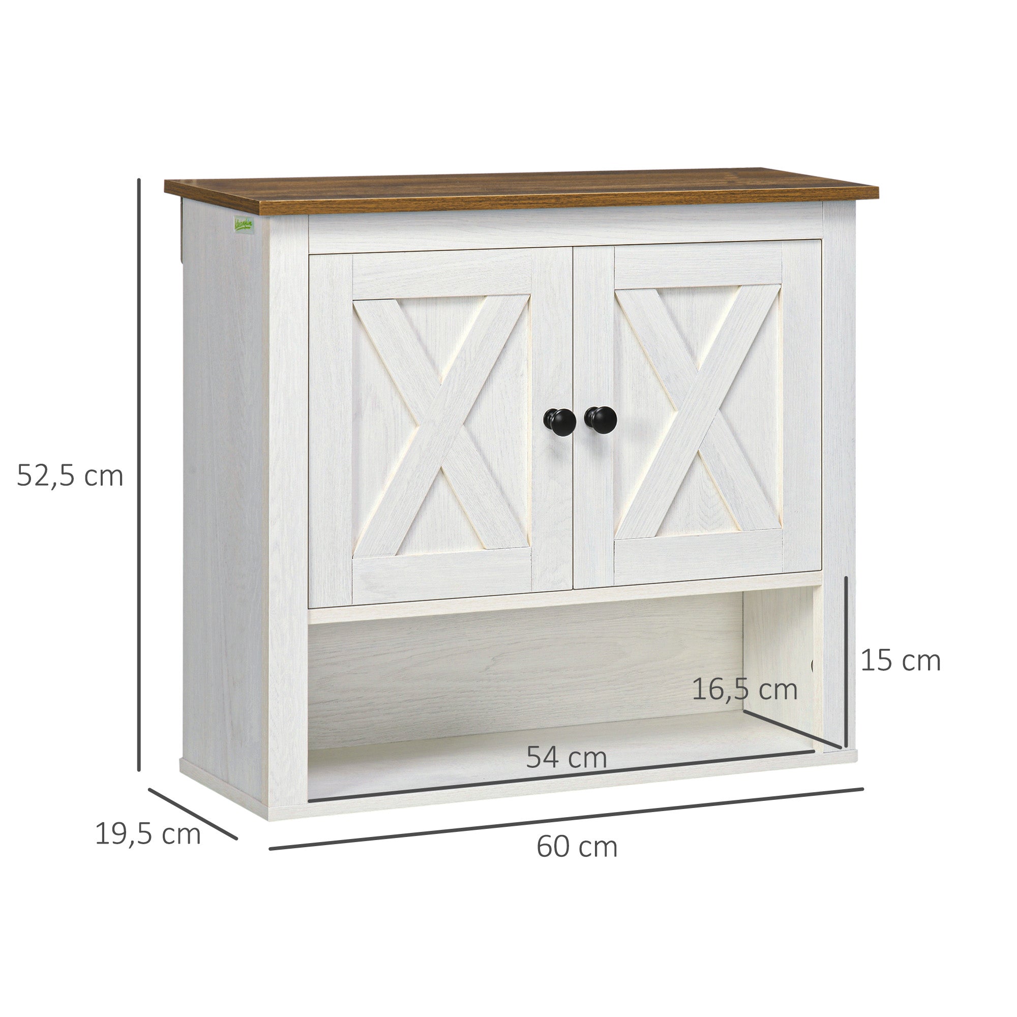 Armoire murale, armoire salle de bain, meuble wc suspendu avec placard à portess et compartiment ouvert, meuble haut salle de bain dim. 60 x 19,5 x 52,5 cm, blanc