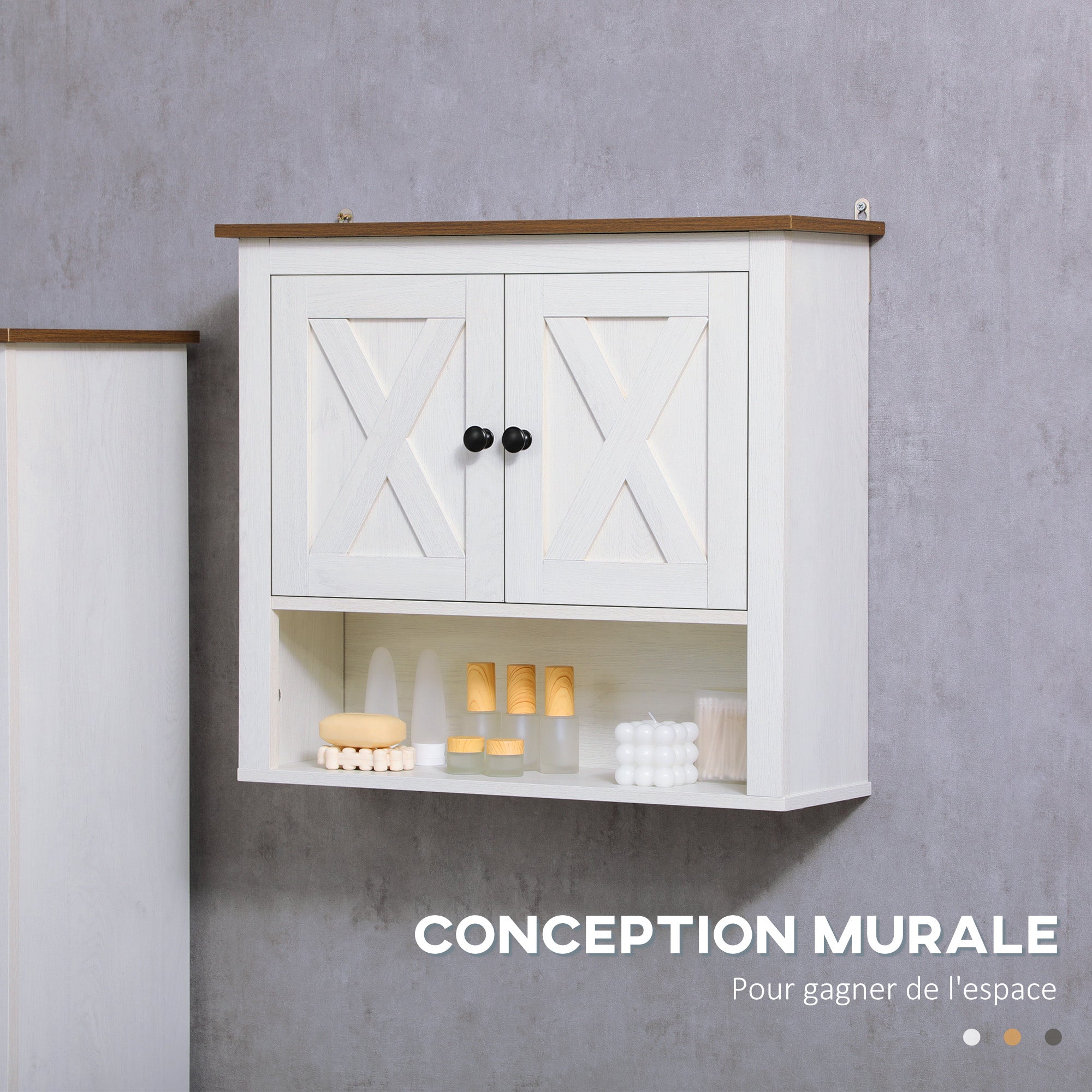 Armoire murale, armoire salle de bain, meuble wc suspendu avec placard à portess et compartiment ouvert, meuble haut salle de bain dim. 60 x 19,5 x 52,5 cm, blanc