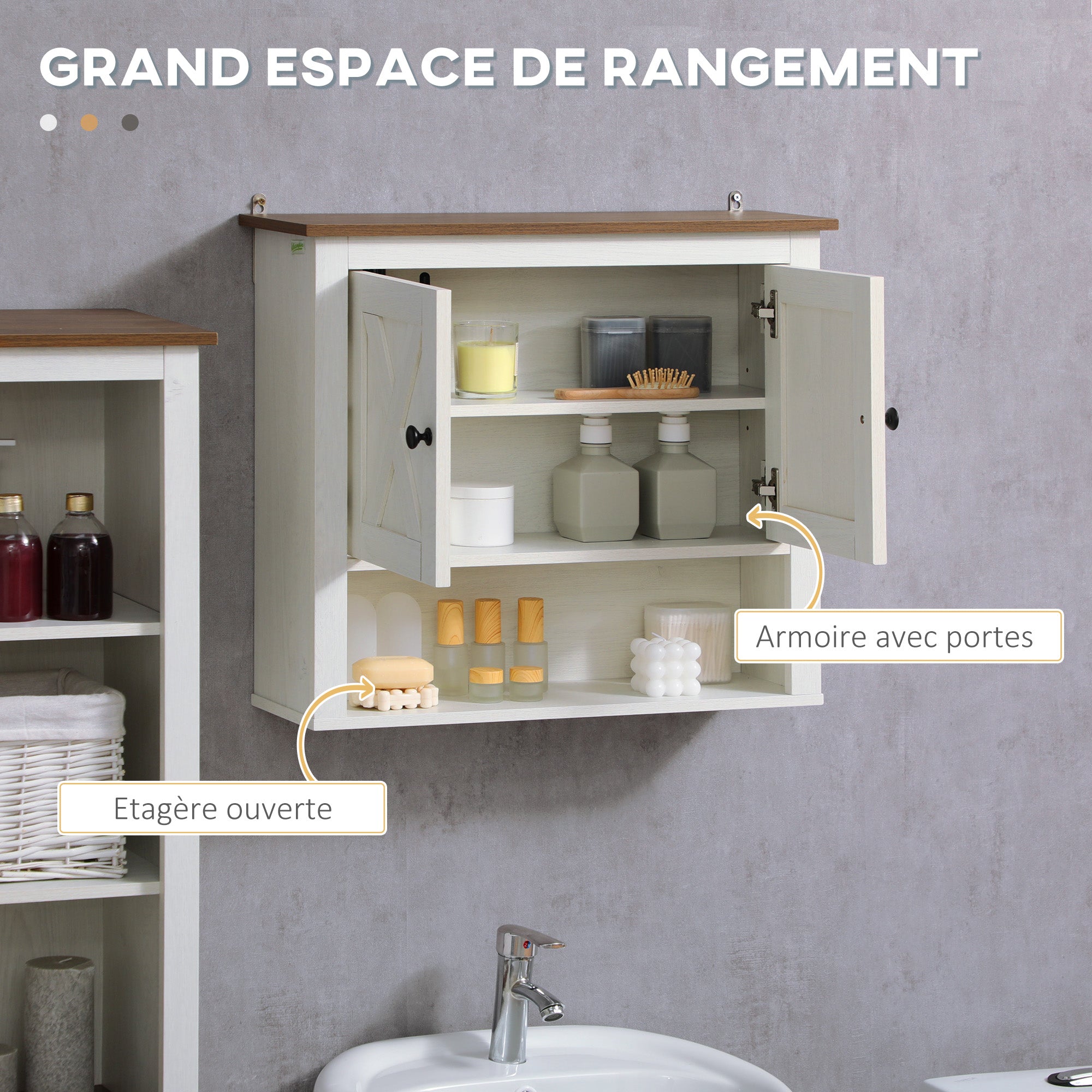 Armoire murale, armoire salle de bain, meuble wc suspendu avec placard à portess et compartiment ouvert, meuble haut salle de bain dim. 60 x 19,5 x 52,5 cm, blanc