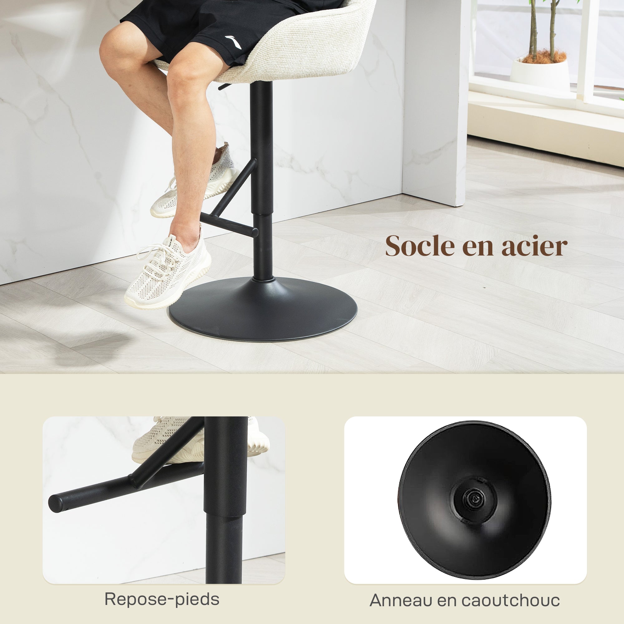 Lot de 2 tabourets de bar, chaises de bar, hauteur réglable, assise pivotante, avec dossier et repose-pieds, tissu effet lin et base en acier, pour cuisine, salle à manger, crème