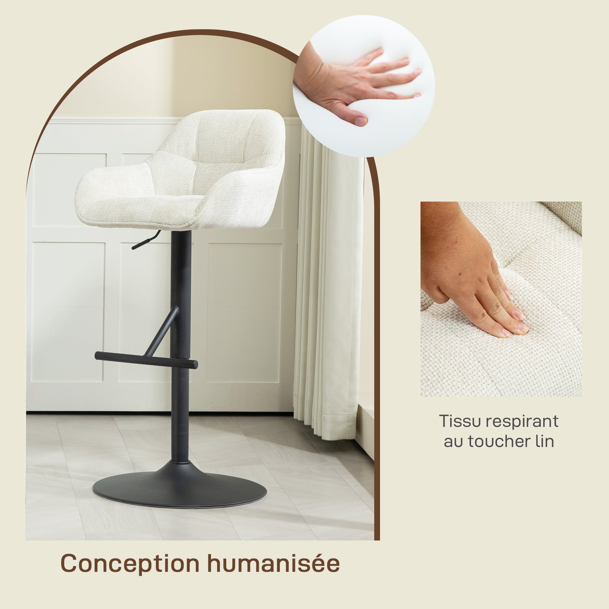 Lot de 2 tabourets de bar, chaises de bar, hauteur réglable, assise pivotante, avec dossier et repose-pieds, tissu effet lin et base en acier, pour cuisine, salle à manger, crème