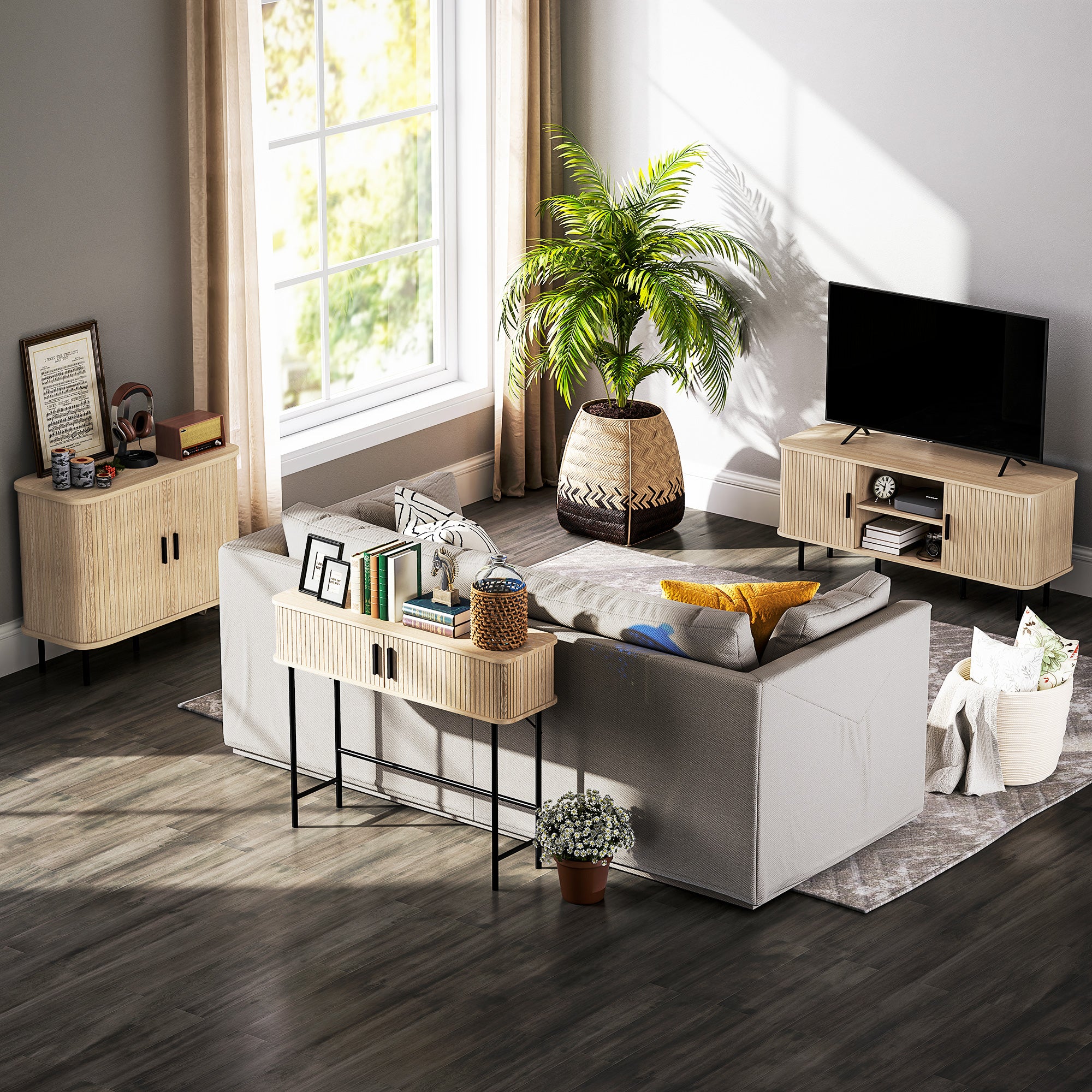 Console meuble, table console, console entrée, table d'entrée avec portes coulissantes à lattes et pieds en acier, bout de canapé pour salon, chêne et noir