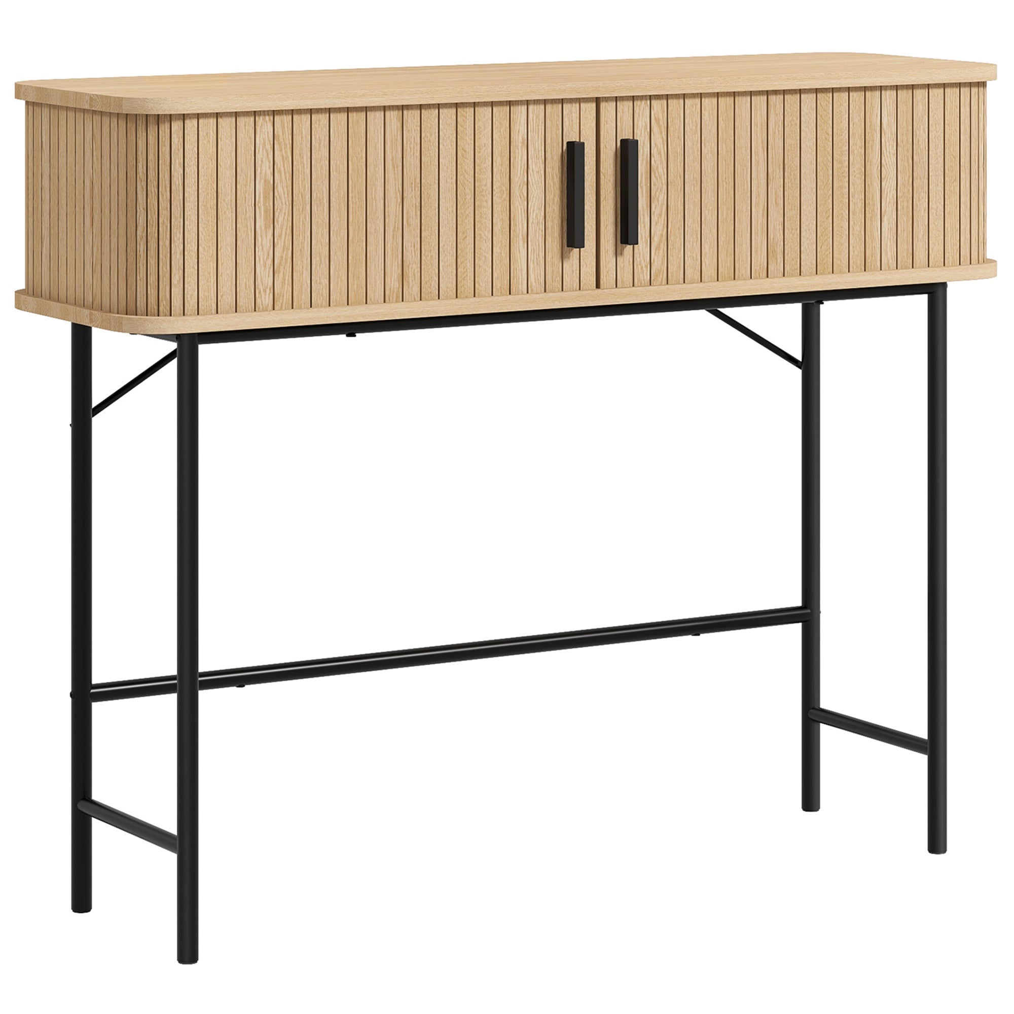 Console meuble, table console, console entrée, table d'entrée avec portes coulissantes à lattes et pieds en acier, bout de canapé pour salon, chêne et noir